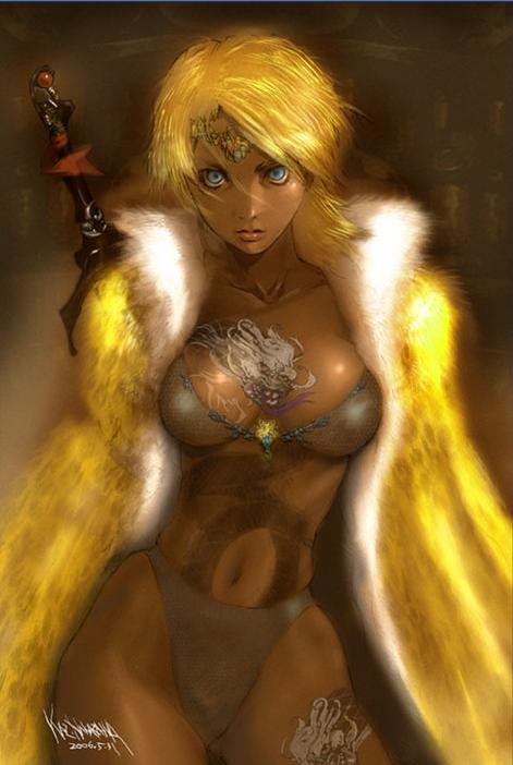 00s 1girl 2006 bikini blonde_hair blue_eyes breasts brown_background brown_theme circlet cleavage coat dark-skinned_female dark_skin dated female_focus grey_bikini nakazawa_kazuto short_hair signature solo swimsuit sword tattoo weapon