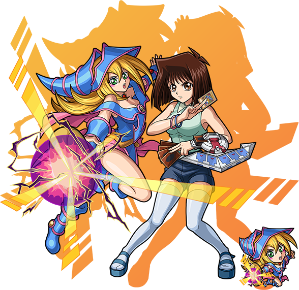 2girls bare_shoulders between_fingers blonde_hair blue_boots blue_hat blue_shorts blush_stickers boots bracelet breasts brown_eyes brown_hair card card_between_fingers chibi choker cleavage closed_mouth collared_shirt colored_shadow dark_magician_girl drop_shadow duel_disk duel_monster energy full_body glowing green_eyes green_shirt hair_between_eyes hand_up hat holding holding_card holding_wand jewelry leg_up long_hair looking_at_viewer magic mazaki_anzu medium_breasts monster_strike multiple_girls official_art open_mouth outstretched_arms pentacle pigeon-toed pink_skirt sandals serious shadow shirt shorts skirt sleeveless sleeveless_shirt socks spread_arms staff teeth thighhighs transparent_background upper_teeth_only v-shaped_eyebrows wand white_socks white_thighhighs wizard_hat yu-gi-oh!