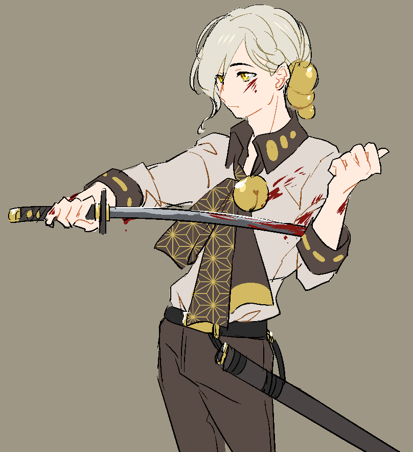 1boy asa_no_ha_(pattern) bell belt black_belt black_ribbon blood blood_on_clothes blood_on_face bloody_weapon braid brown_background brown_pants cleaning cleaning_weapon collared_shirt commentary_request contrapposto cowboy_shot grey_hair grey_shirt hair_bell hair_ornament hand_up holding holding_sword holding_weapon iori_yuzuru jingle_bell katana large_ribbon looking_ahead male_focus neck_bell neck_ribbon pants print_ribbon ribbon sheath shirt shirt_tucked_in short_hair side_braid simple_background three-quarter_sleeves solo standing sword tokono_touhi voiceroid weapon wiping_blood yellow_eyes