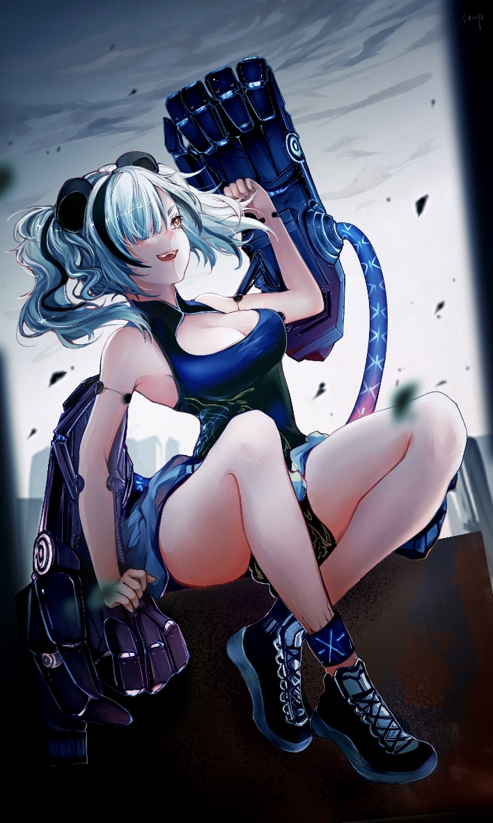 1girl animal_ears anklet arknights arm_up asymmetrical_bangs bare_arms bare_legs bare_shoulders bear_ears black_hair blue_dress blue_hair breasts china_dress chinese_clothes cleavage cloud crossed_legs dress feater_(arknights) full_body hair_over_one_eye jewelry large_breasts long_hair looking_to_the_side multicolored_hair open_mouth outdoors shoes sitting sky sleeveless sleeveless_dress smile sneakers solo stepcacc teeth twintails two-tone_hair upper_teeth_only yellow_eyes