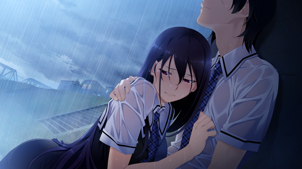 1boy 1girl arm_behind_another&#039;s_back black_dress black_hair blue_dress blue_necktie blush breasts building collared_shirt comforting crying crying_with_eyes_open dress game_cg grey_sky grisaia_(series) grisaia_no_kajitsu hair_between_eyes hand_on_another&#039;s_chest hand_on_another&#039;s_shoulder kazami_yuuji long_hair medium_breasts necktie non-web_source outdoors parted_lips plaid_clothes plaid_necktie purple_eyes rain sailor_collar sakaki_yumiko scared see-through_clothes see-through_shirt shirt short_hair short_sleeves sky stairs tears two-tone_dress very_long_hair watanabe_akio wet wet_clothes wet_hair wet_shirt white_sailor_collar white_shirt