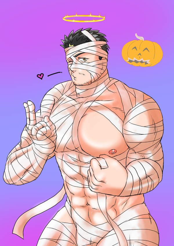 1boy abs bandage_over_one_eye bandages bara bare_pectorals black_hair blowing_kiss bulge come_hither cowboy_shot facial_hair gradient_background halloween halloween_costume halo jack-o&#039;-lantern large_pectorals looking_at_viewer male_focus mature_male mummy_costume muscular muscular_male naked_bandage nipples official_alternate_costume pectorals pikako182 puckered_lips short_hair solo strongman_waist stubble thick_thighs thighs tokyo_houkago_summoners wink_heart yellow_eyes zabaniyya_(halloween)_(housamo) zabaniyya_(housamo)