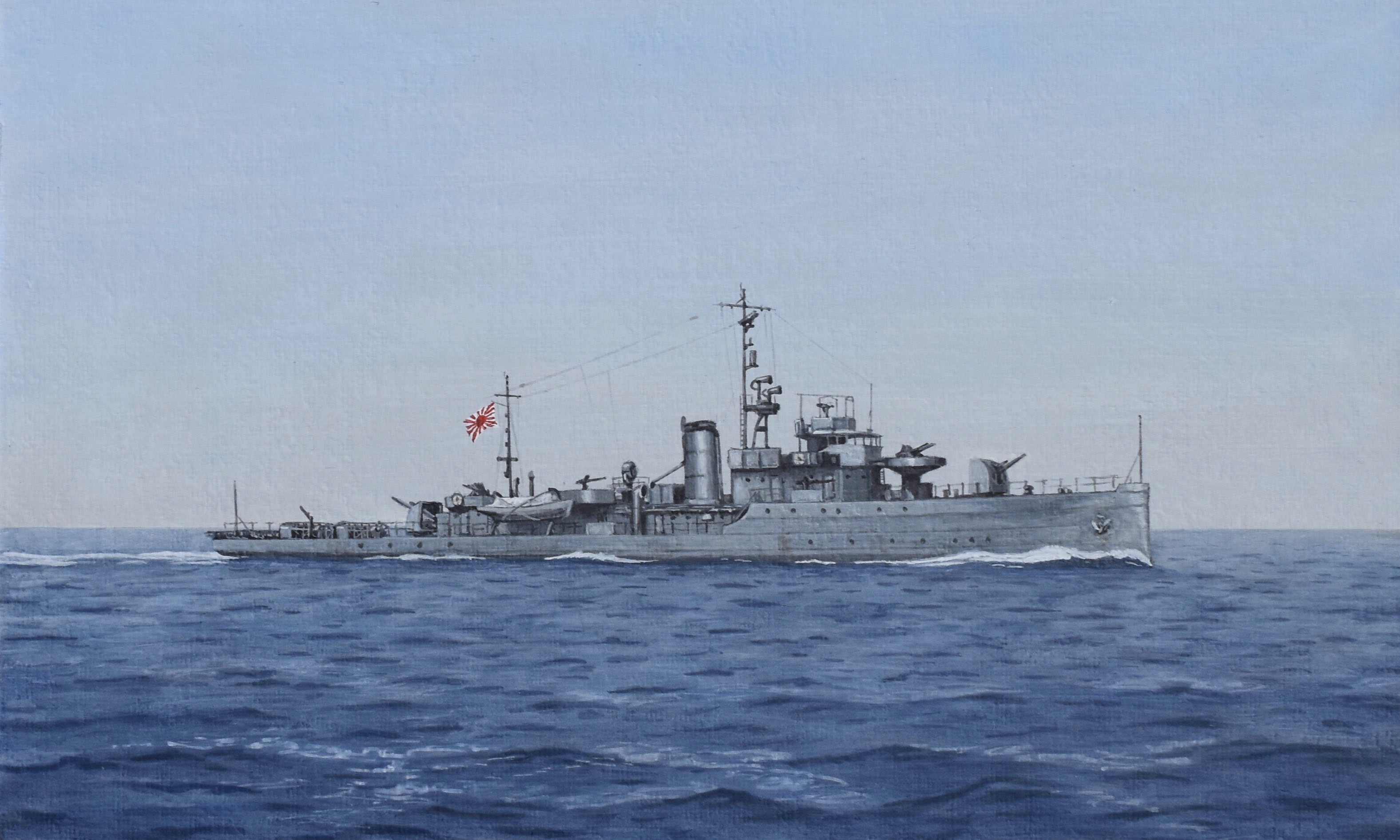 acrylic_paint_(medium) atelier_bono evening flag frigate highres imperial_japanese_navy mast military_vehicle morning no_humans ocean okitsu_(frigate) original painting_(medium) ship sky smoke smokestack traditional_media vehicle_focus warship watercraft