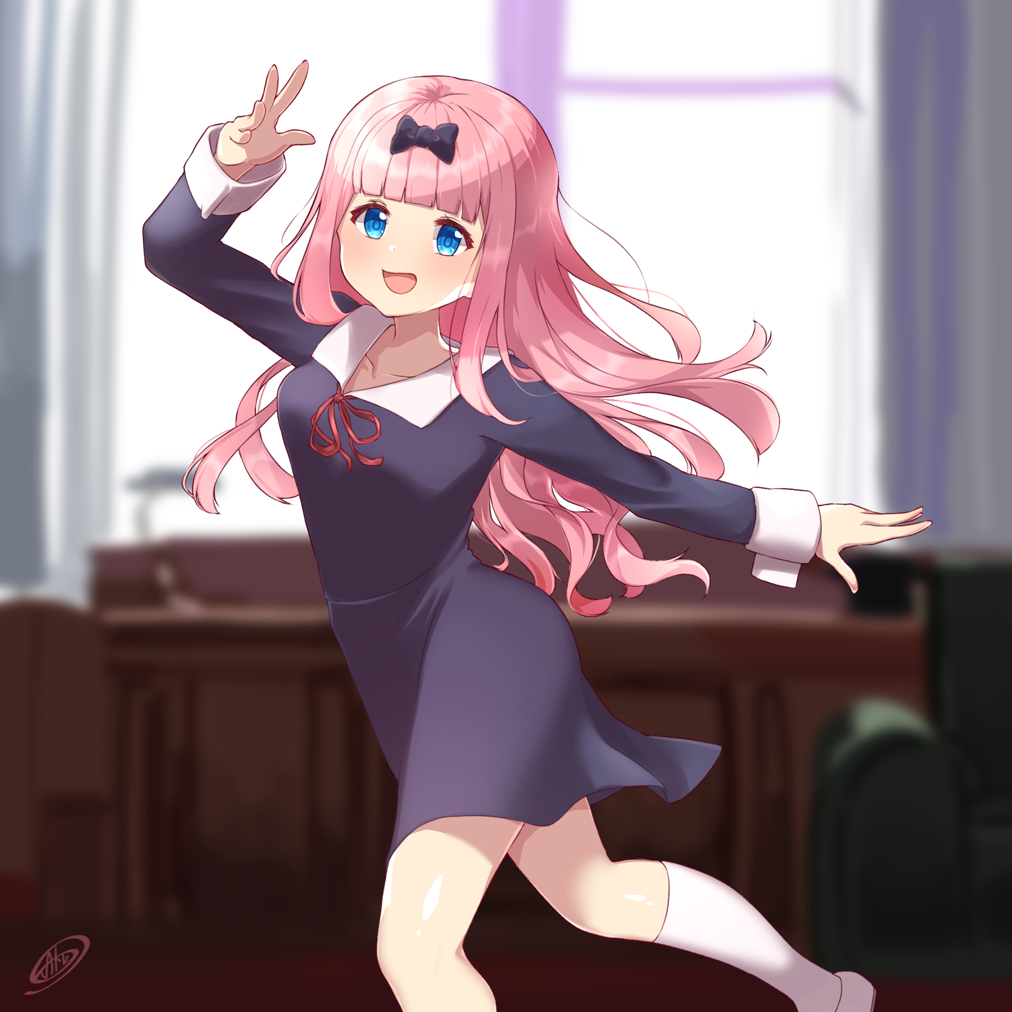 1girl :d artist_name black_bow blue_eyes blunt_bangs blurry blurry_background blurry_foreground blush bow breasts chikattochikachika_(kaguya-sama_wa_kokurasetai) collarbone commentary_request depth_of_field desk dress fujiwara_chika hair_bow hand_up highres indoors kaguya-sama_wa_kokurasetai_~tensai-tachi_no_renai_zunousen~ kneehighs long_hair long_sleeves looking_at_viewer medium_breasts open_mouth pink_hair red_ribbon ribbon school_uniform shuuchiin_academy_school_uniform smile socks solo standing standing_on_one_leg take_(user_ypzx8253) white_socks