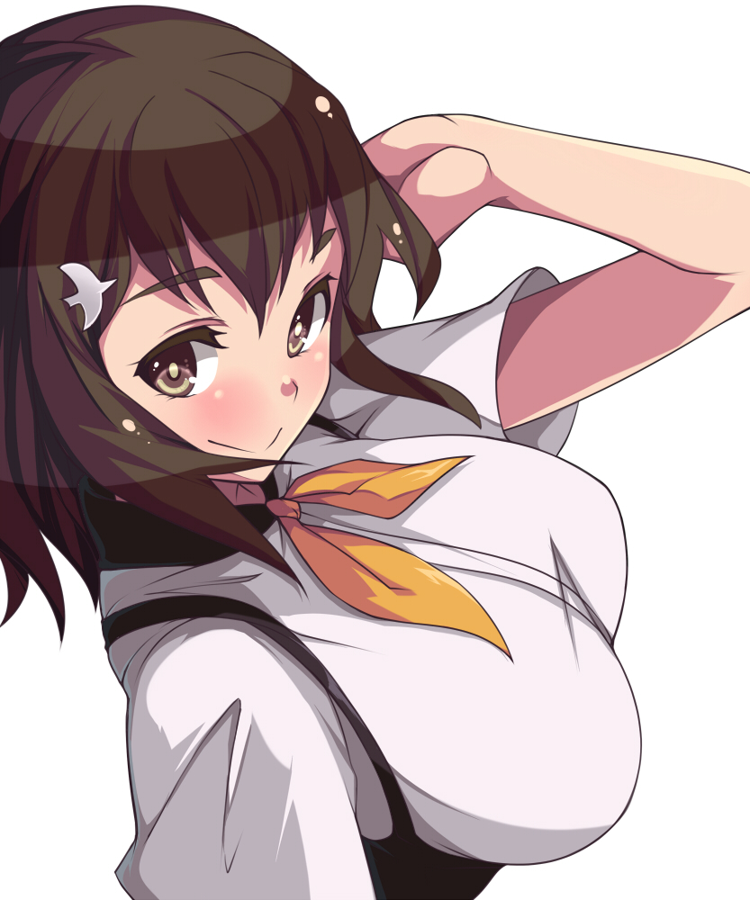 10s 1girl :&gt; breasts brown_eyes brown_hair female_focus gatchaman_crowds hair_ornament hairclip ichinose_hajime large_breasts long_hair saiste simple_background smile solo white_background