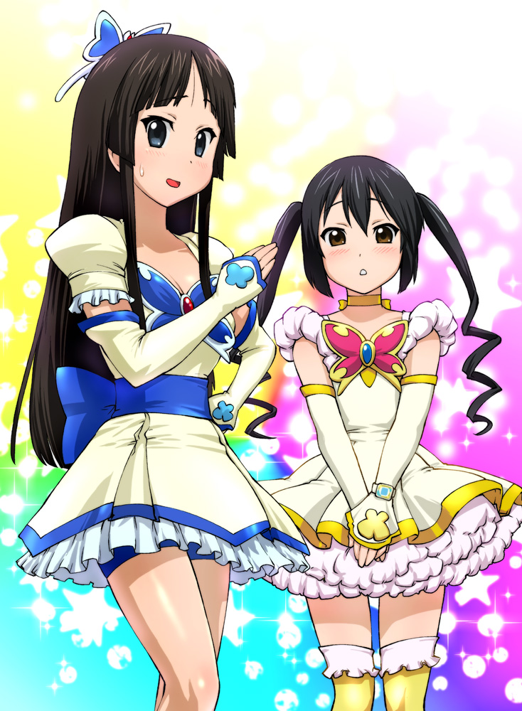 00s 2girls akiyama_mio black_hair blue_shorts blush butterfly_hair_ornament cosplay cure_aqua cure_aqua_(cosplay) cure_lemonade cure_lemonade_(cosplay) hair_ornament k-on! magical_girl multiple_girls nakano_azusa precure rainbow_background shorts skirt standing sweat thighhighs twintails ueyama_michirou v_arms yellow_skirt yes!_precure_5