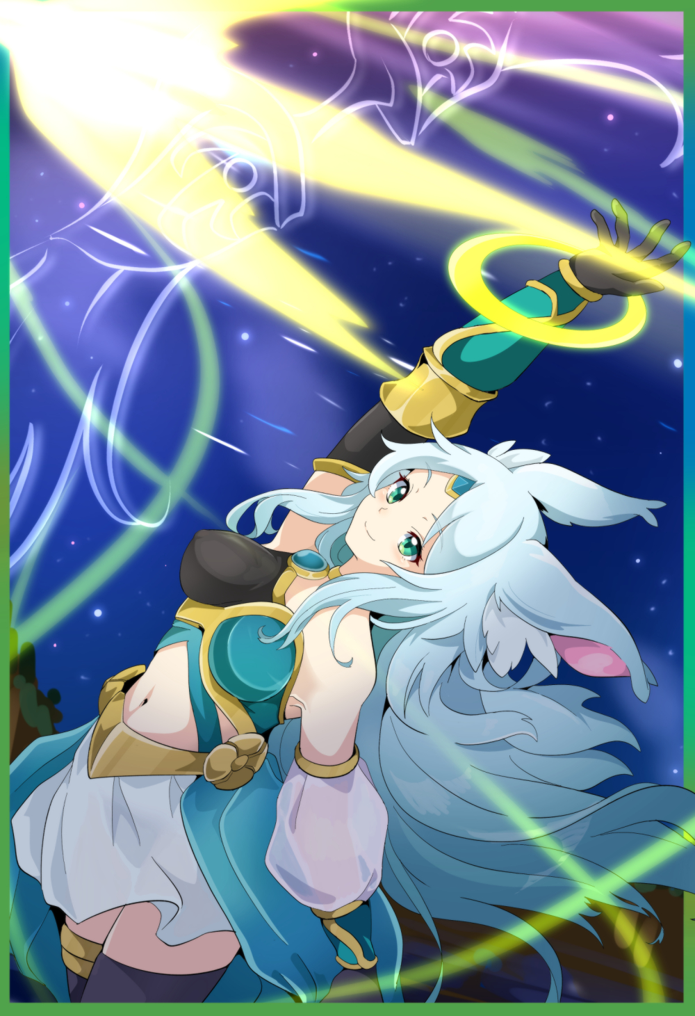 1girl animal_ear_fluff animal_ears apollousa_bow_of_the_goddess aqua_hair archery_shooting_glove arm_up asymmetrical_clothes asymmetrical_gloves bare_shoulders black_gloves blush breasts cape closed_mouth detached_sleeves duel_monster forehead_jewel gloves green_eyes highres large_breasts long_hair looking_up midriff mochi_curry navel partially_fingerless_gloves skirt sky smile solo star_(sky) starry_sky thighhighs white_skirt yu-gi-oh! zettai_ryouiki