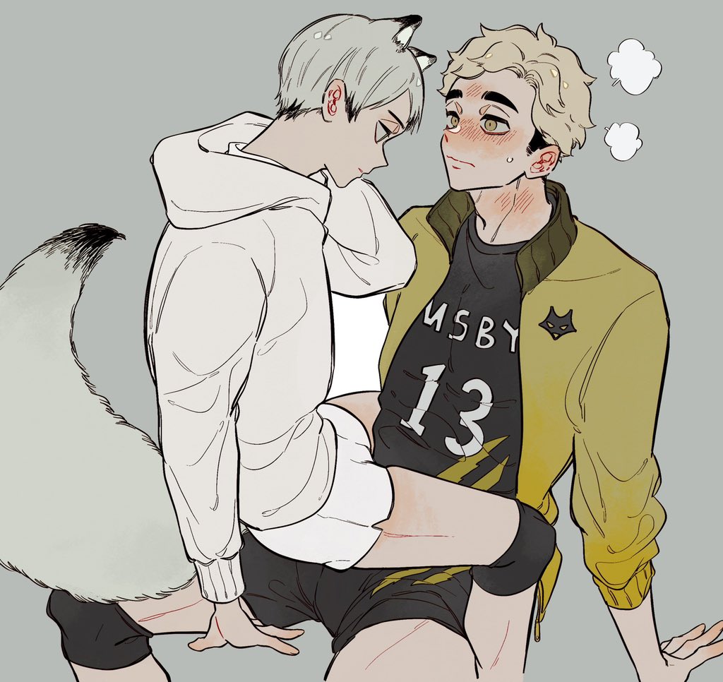 2boys animal_ears arm_up black_hair blonde_hair blush closed_mouth coco_(238243) collared_jacket colored_tips commentary feet_out_of_frame grey_background grey_hair haikyuu!! hood hood_down hoodie jacket kemonomimi_mode kita_shinsuke long_sleeves looking_at_another looking_down male_focus miya_atsumu multicolored_hair multiple_boys neck_blush nervous_sweating open_clothes open_jacket popped_collar puff_of_air shorts sideburns simple_background sitting sitting_on_lap sitting_on_person sportswear sweat symbol-only_commentary tail two-tone_hair volleyball_uniform wavy_hair white_hoodie white_shorts yaoi yellow_jacket