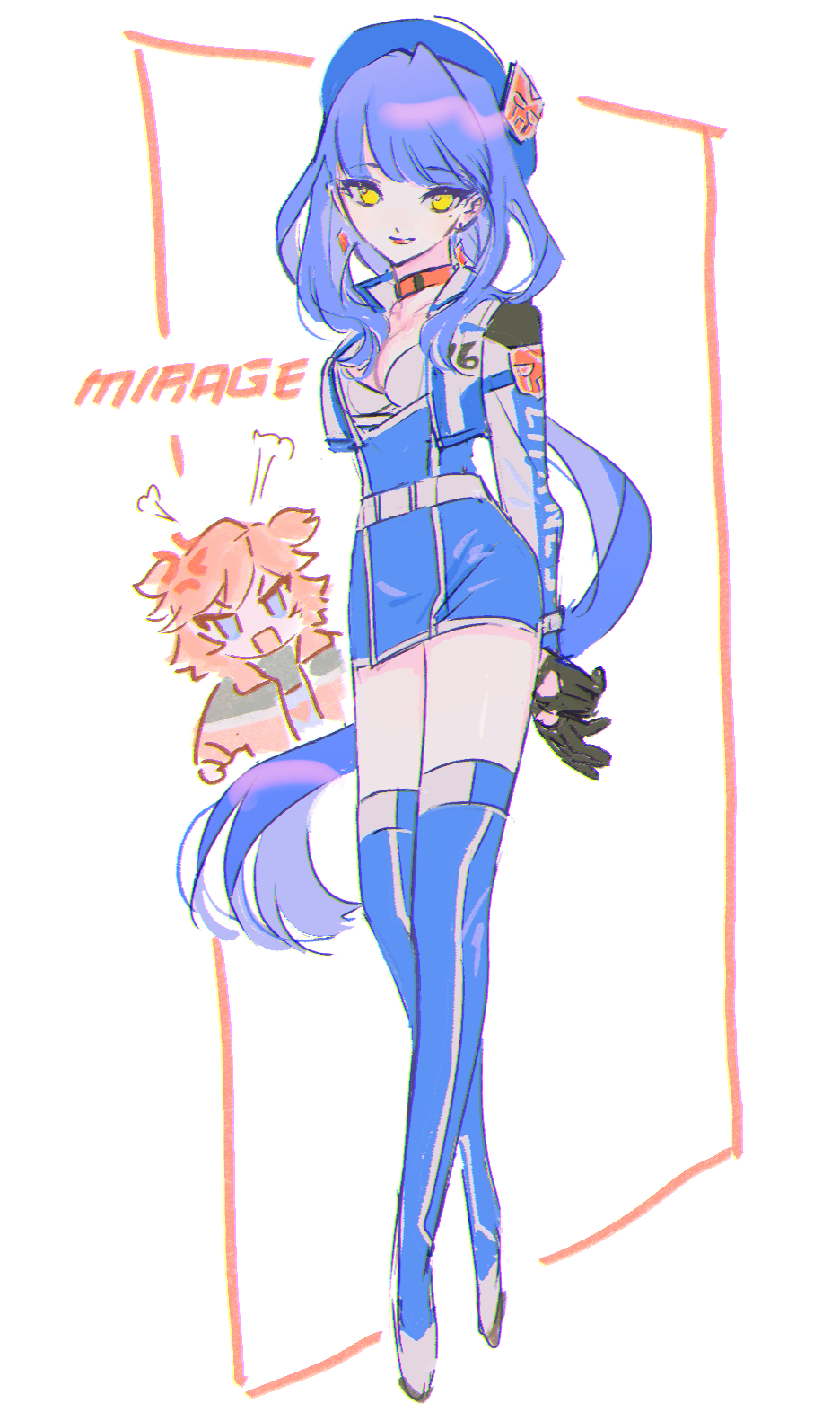 2girls anger_vein autobot beret black_gloves blue_dress blue_hair blue_headwear blue_thighhighs breasts choker cleavage cliffjumper dress genderswap genderswap_(mtf) gloves hat highres humanization jacket long_hair looking_down medium_breasts mirage_(transformers) mu_(meatfriedsteak) multiple_girls race_queen red_choker red_hair red_jacket smile solo_focus thighhighs transformers very_long_hair yellow_eyes