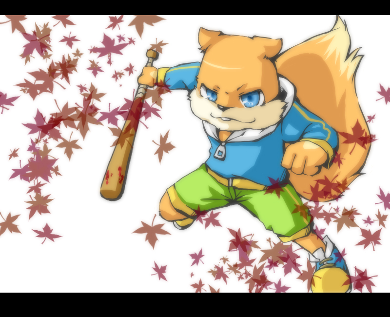 1boy baseball_bat blue_eyes conker conker&#039;s_bad_fur_day leaf letterboxed male_focus maple_leaf plant rareware shorts simple_background smile solo sweater white_background