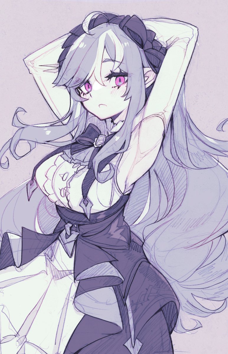 1girl ahoge armpits arms_behind_head arms_up ascot blush breasts highres large_breasts long_hair long_sleeves looking_at_viewer mole mole_under_eye parororo partially_colored pointy_ears presenting_armpit purple_ascot purple_eyes purple_hair sideboob_cutout sketch solo very_long_hair vivian_(zenless_zone_zero) zenless_zone_zero