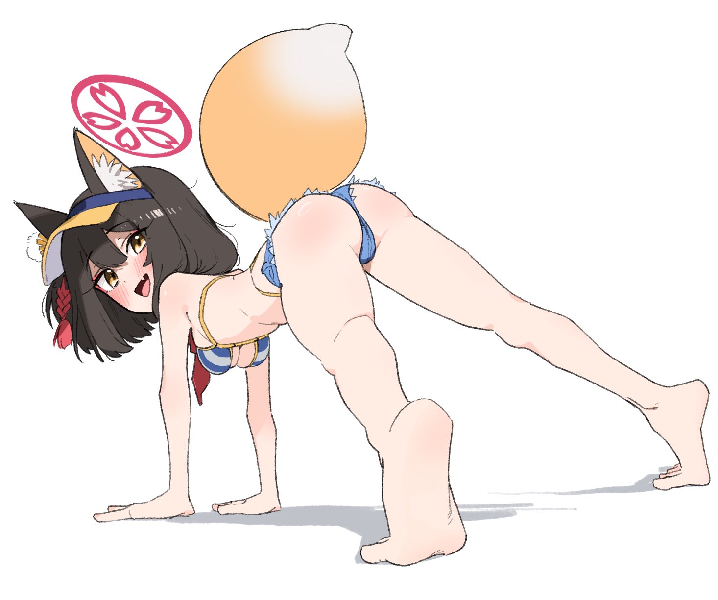 1girl all_fours animal_ear_fluff animal_ears ass barefoot bikini blue_archive blush breasts brown_hair cameltoe denim denim_shorts fang flower foreshortening fox_ears fox_girl fox_tail fried_bocky from_behind full_body hair_between_eyes hair_flower hair_ornament halo hanging_breasts highleg highleg_bikini highres izuna_(blue_archive) izuna_(swimsuit)_(blue_archive) kneepits looking_at_viewer looking_back medium_breasts micro_shorts official_alternate_costume open_mouth pink_halo pom_pom_(clothes) pom_pom_hair_ornament red_scarf scarf shadow short_hair shorts smile soles solo striped_bikini striped_clothes sunflower sunflower_hair_ornament swimsuit tail trefoil visor_cap white_background yellow_eyes
