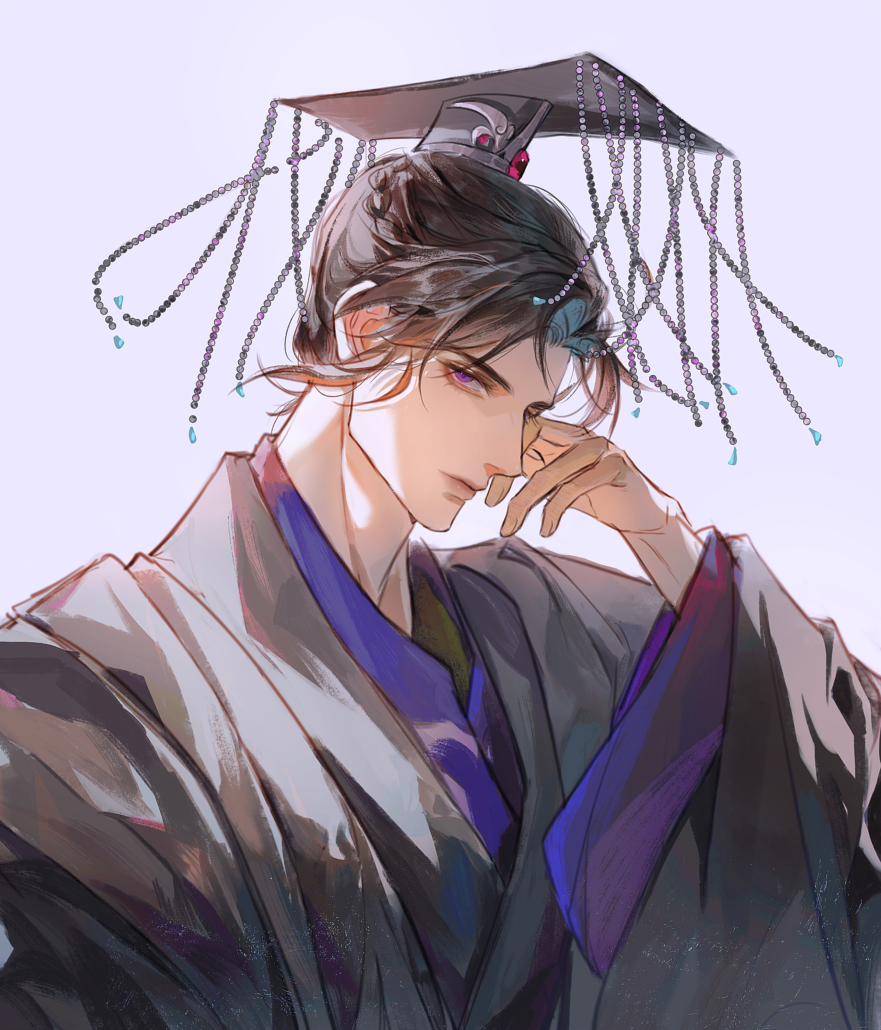 1boy absurdres beads black_hair black_hanfu braid chinese_clothes chinese_commentary closed_mouth erha_he_tadebai_mao_shizun gem guan_hat hand_on_own_face hanfu highres long_sleeves looking_at_viewer male_focus mian_guan mo_ran purple_eyes simple_background solo upper_body wide_sleeves xu_liang