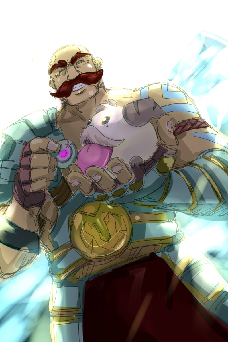 1boy armor bald braum_(league_of_legends) brown_pants closed_eyes facial_hair feeding fingerless_gloves gloves highres league_of_legends male_focus mitchlin muscular muscular_male mustache pants poro_(league_of_legends) shoulder_armor smile thick_eyebrows thick_mustache tongue tongue_out