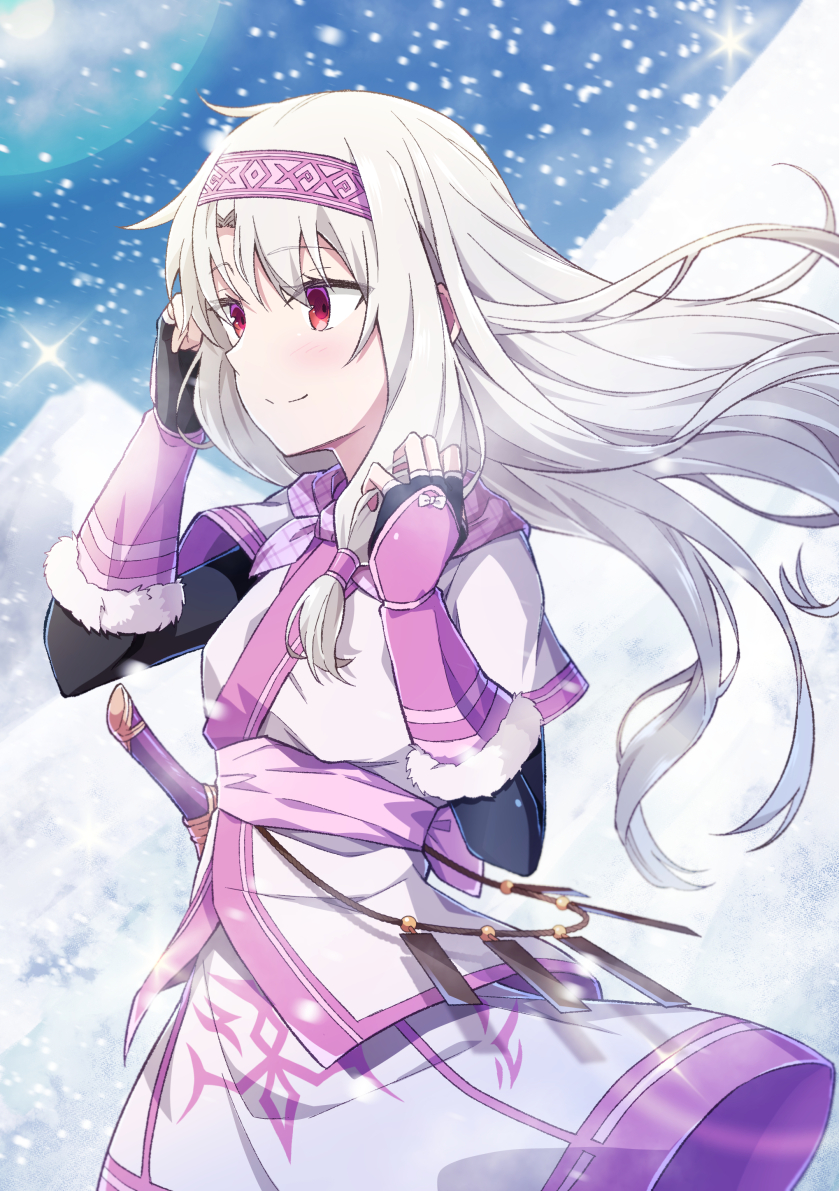 1girl ainu_clothes azami_masurao fate/grand_order fate_(series) fingerless_gloves gloves headband long_hair red_eyes sash sitonai_(fate) smile snow snowing sword weapon white_hair