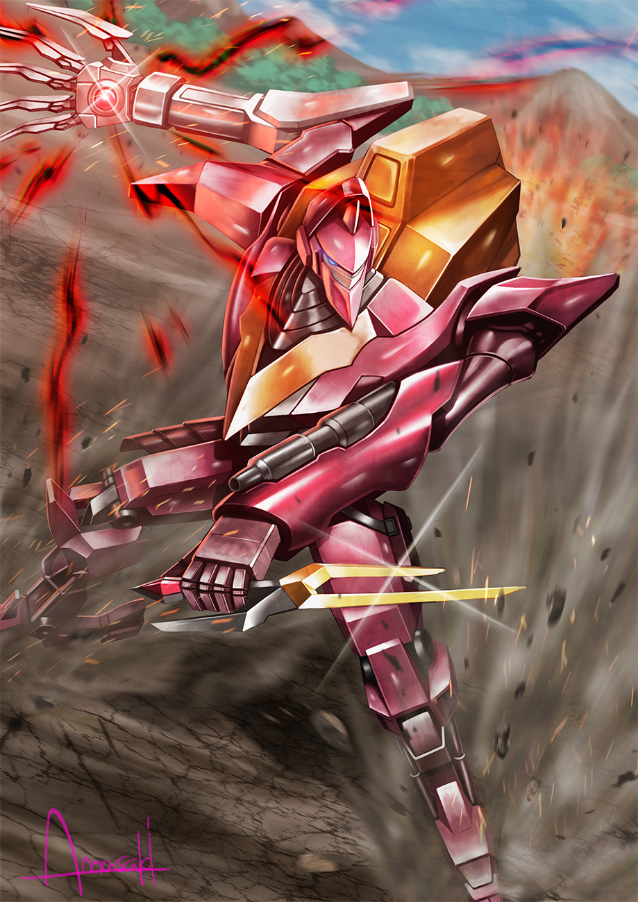 amasaki_yusuke blue_eyes code_geass dirt glowing glowing_hand guren_(code_geass) guren_mk-ii highres holding holding_knife knife knightmare_frame looking_to_the_side mecha mountain no_humans robot science_fiction skating solo