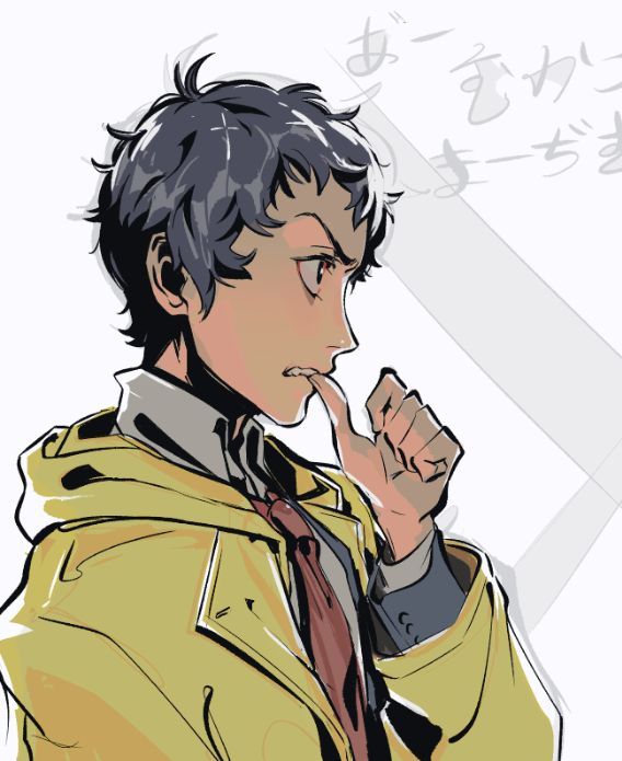 1boy adachi_tooru arm_up biting biting_own_thumb black_jacket collared_shirt grey_hair hood hooded_jacket jacket lapels layered_sleeves long_sleeves looking_ahead male_focus necktie open_clothes open_jacket parted_lips persona persona_4 profile red_necktie sam_(kyaptainkiddo) shirt short_hair solo suit_jacket teeth upper_body v-shaped_eyebrows white_background white_shirt wing_collar yellow_jacket