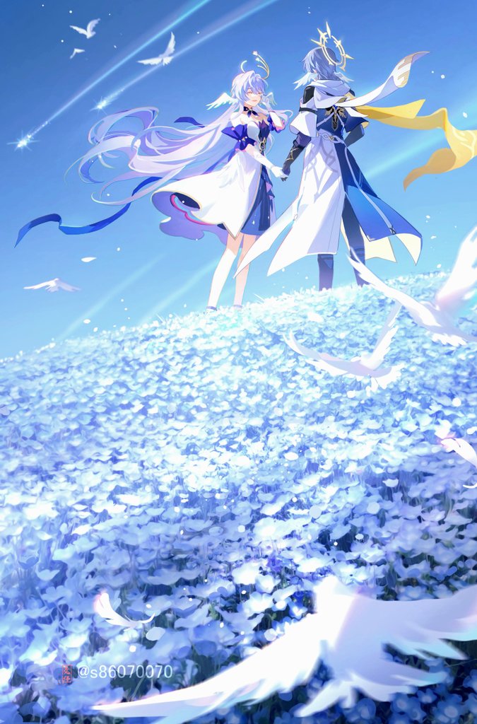 1boy 1girl adjusting_hair bird blue_flower blue_sky brother_and_sister closed_eyes coat commentary_request detached_sleeves dress facing_away feet_out_of_frame field flower flower_field gloves grey_hair halo halo_behind_head happy head_wings honkai:_star_rail honkai_(series) long_hair purple_hair robin_(honkai:_star_rail) scarf short_hair siblings sky sunday_(honkai:_star_rail) twitter_username usagishi white_bird white_coat white_dress white_flower white_gloves wings yellow_scarf