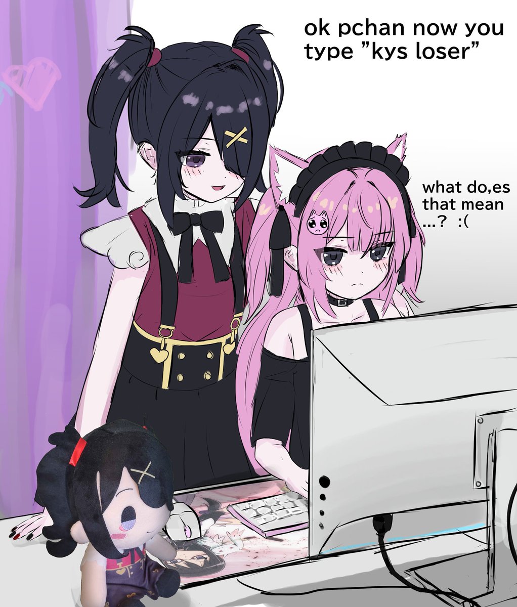2girls ame-chan_(needy_girl_overdose) black_eyes black_hair blush_stickers cat_hair_ornament character_doll commentary computer_keyboard computer_mouse english_commentary english_text hair_ornament hair_over_one_eye highres long_hair looking_at_screen meme monitor multiple_girls needy_girl_overdose ok_now_type_kill_yourself_loser_(meme) one_eye_covered open_mouth photo_inset pien_cat_(needy_girl_overdose) pink_hair purple_eyes shirt skirt smile stuffed_toy suspender_skirt suspenders twintails x_hair_ornament yuriyalloween