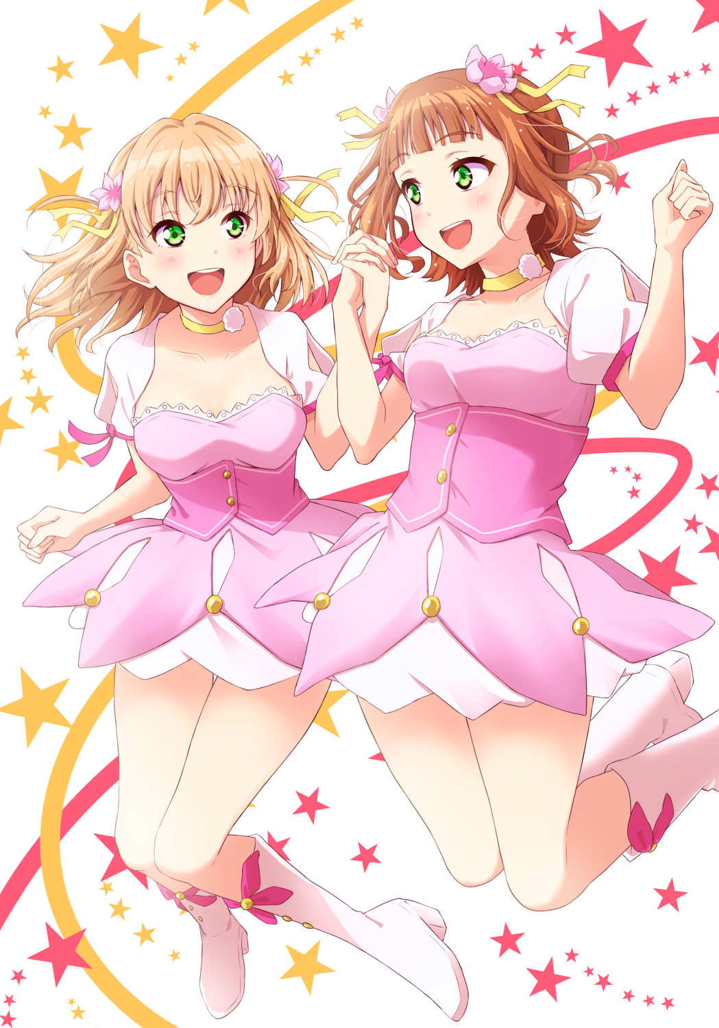2girls amami_haruka brown_hair green_eyes highres hinoshita_kaho idolmaster link!_like!_love_live! looking_at_another love_live! link!_like!_love_live! medium_hair multiple_girls open_mouth orange_hair qy73 smile