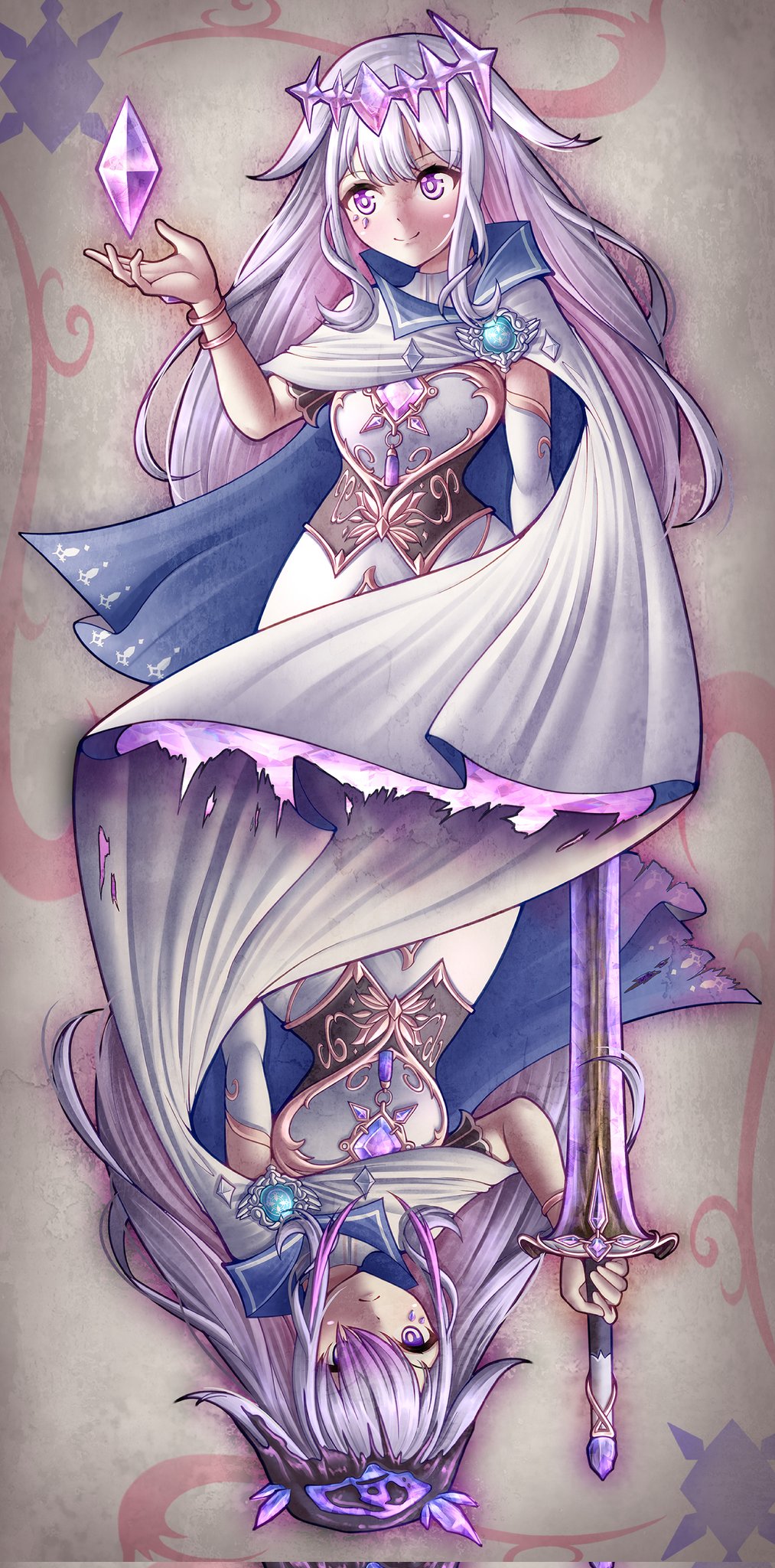 1girl black_corset bridal_gauntlets cape chest_jewel circlet cloak corset dress enigmatic_recollection face_jewel floating_gem gem gem_hair_ornament grey_hair highres holding holding_sword holding_weapon holoadvent hololive hololive_english jewel_under_eye koseki_bijou koseki_bijou_(1st_costume) long_hair multicolored_gemstone multicolored_hair pink_hair purple_eyes purple_gemstone purple_hair seapupu single_bridal_gauntlet smile solo sword virtual_youtuber weapon white_bridal_gauntlets white_cape white_cloak