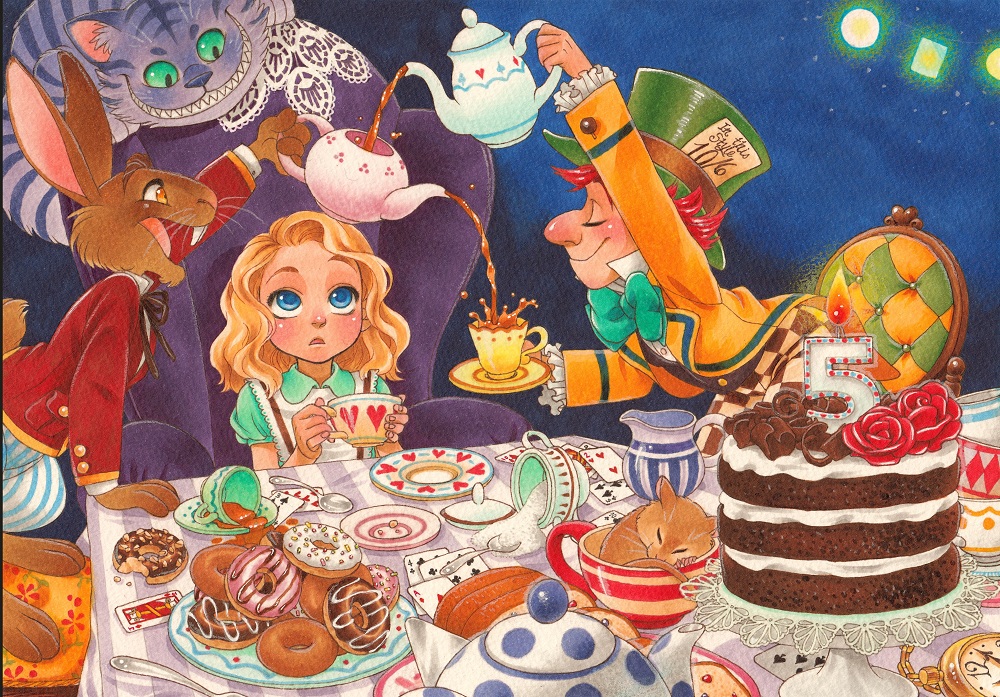 1boy 1girl ^_^ alice_(alice_in_wonderland) alice_in_wonderland aqua_neckwear blonde_hair blue_eyes blush bow bowtie cake candle card cat chair cheshire_cat_(alice_in_wonderland) chihiro_howe child clock closed_eyes colored_pencil_(medium) commentary cup dormouse_(wonderland) donut english_commentary fire food green_bow green_bowtie green_eyes green_hair grin hat holding holding_cup holding_teapot looking_up mad_hatter_(alice_in_wonderland) march_hare_(wonderland) marker_(medium) medium_hair millipen_(medium) mouse_(animal) party pen_(medium) plate playing_card red_hair sitting sleeping smile spoon table tea teacup teapot top_hat traditional_media yellow_eyes