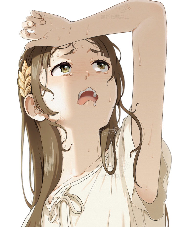 1girl brown_eyes brown_hair commentary_request gakuen_idolmaster hair_ornament idolmaster kuramoto_china leaf_hair_ornament long_hair mattaku_mousuke open_mouth runny_nose shirt short_sleeves simple_background snot solo sweat tearing_up teeth upper_teeth_only wavy_mouth white_background white_shirt wiping_sweat