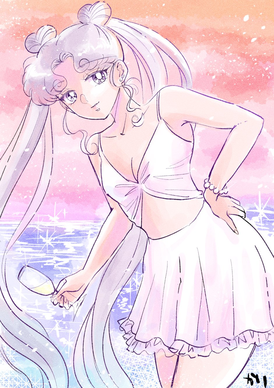 1girl bikini bikini_top_only bishoujo_senshi_sailor_moon bishoujo_senshi_sailor_moon_stars bracelet breasts cleavage collarbone commentary cup double_bun frilled_skirt frills hair_bun hand_on_own_hip highres holding holding_cup jewelry karikaridaka long_hair looking_at_viewer pearl_bracelet sailor_cosmos signature skirt solo swimsuit symbol-only_commentary twintails white_bikini white_hair white_skirt