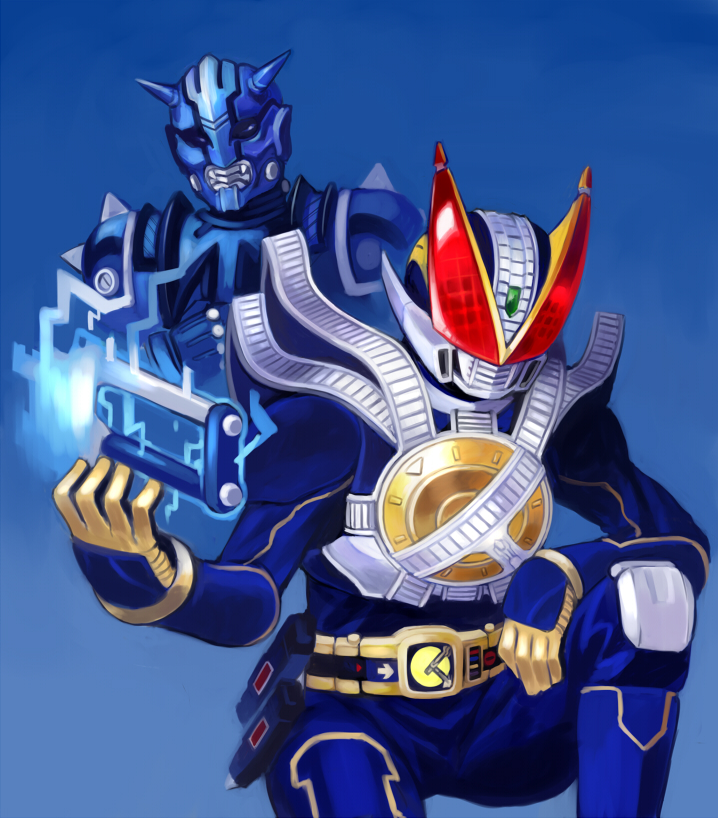 2boys armor belt blue_background buckle floating floating_object glowing helmet kamen_rider kamen_rider_den-o_(series) kamen_rider_new_den-o kneeling multiple_boys on_one_knee shigehiro_(hiroi_heya) simple_background teddy_(kamen_rider_den-o)