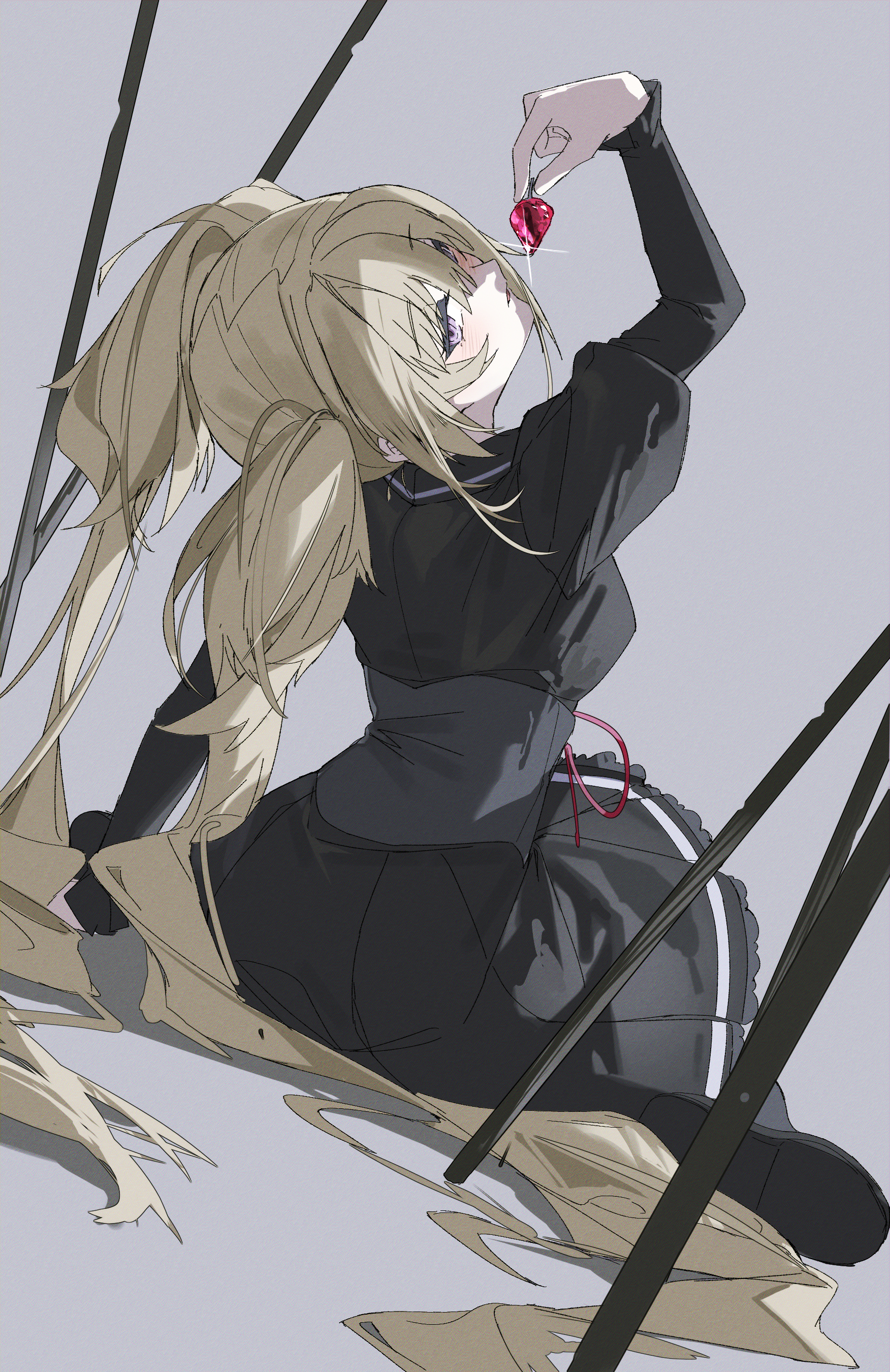 1girl absurdres arm_up black_dress black_socks blonde_hair blush breasts commentary corset dress english_commentary food fruit grey_background highres holding holding_food holding_fruit hoshina_utau large_breasts long_hair long_sleeves looking_at_viewer looking_back purple_eyes qtian shugo_chara! simple_background sitting socks solo twintails