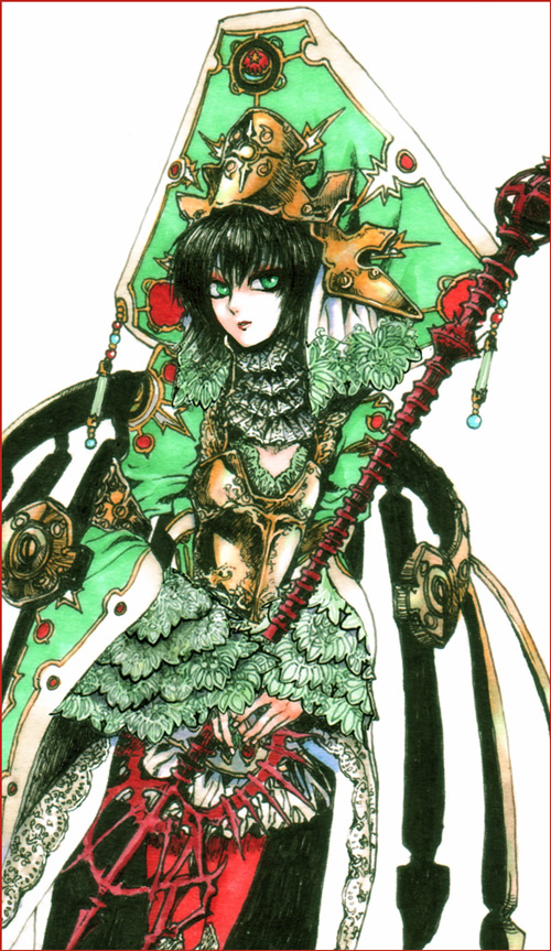00s 1girl bad_id bad_pixiv_id black_hair dress female_focus goth_fashion green_eyes hat kisaco_a lace lance lipstick makeup polearm seth_nightroad short_hair simple_background solo spear standing thighhighs trinity_blood weapon