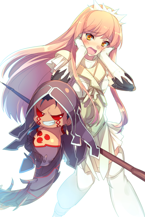 1boy 1girl blue_hair blush boots breasts chibi cu_chulainn_(fate) dress echo_(circa) elbow_gloves fate/grand_order fate_(series) gae_bolg_(fate) gloves grin knee_boots long_hair looking_at_viewer medb_(fate) medium_breasts mini_cu-chan_(fate) open_mouth pink_hair polearm red_eyes smile spear tail thighs tiara weapon white_dress white_footwear white_gloves yellow_eyes