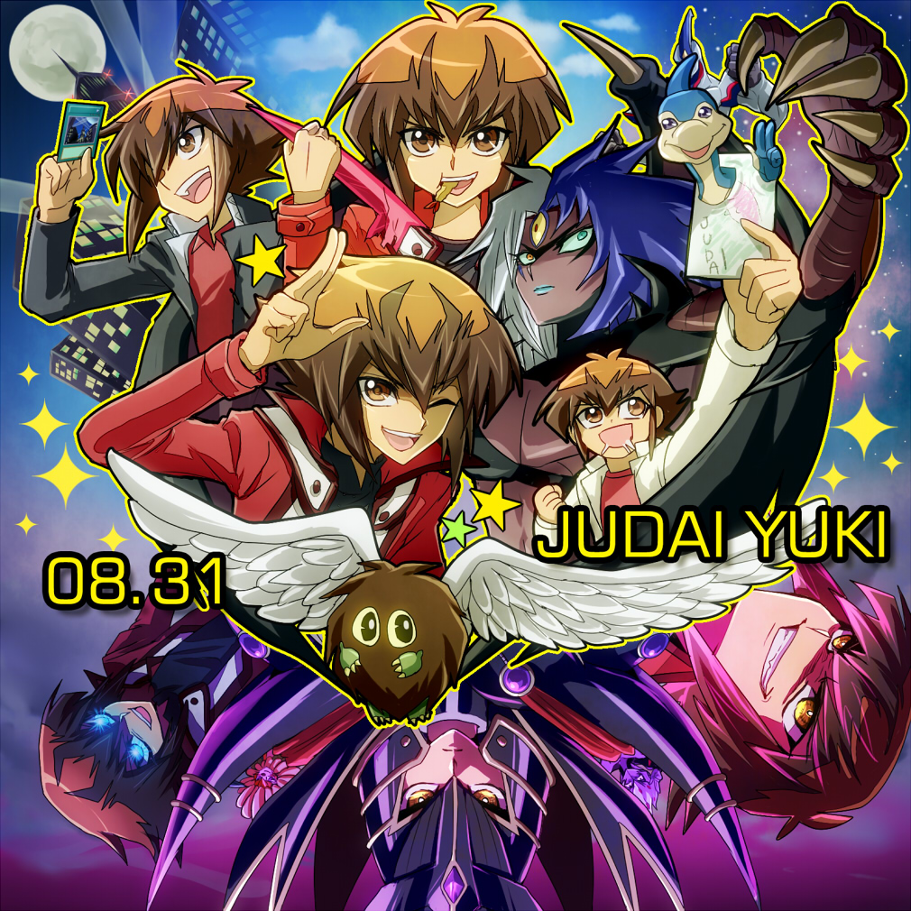 1other 6+boys age_progression armor brown_hair building card child dark_persona dated elemental_hero_neos evil_grin evil_smile fictional_persona full_armor glowing glowing_eyes grin hair_between_eyes happy_birthday helmet holding holding_card jacket light_brown_hair long_sleeves looking_at_viewer male_focus multicolored_hair multiple_boys neo-spacian_aqua_dolphin open_clothes open_jacket raijin-bh red_jacket school_uniform short_hair sidelocks skyscraper smile sparkle split-color_hair spread_wings supreme_king_(yu-gi-oh!_gx) two-tone_hair waving winged_kuriboh yellow_eyes yu-gi-oh! yu-gi-oh!_gx yu-gi-oh!_zexal yubel yuki_judai