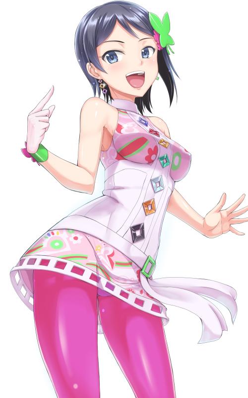 1girl bare_shoulders belt blue_eyes blue_hair breasts butterfly_hair_ornament cowboy_shot dan_(orange_train) earrings gloves hair_ornament hands_up idolmaster idolmaster_dearly_stars index_finger_raised jewelry medium_breasts miniskirt mizutani_eri open_hand open_mouth pants pants_under_skirt pink_pants pink_shirt pink_skirt shirt short_hair simple_background single_glove skirt sleeveless sleeveless_shirt smile solo standing teeth upper_teeth_only white_background white_belt white_gloves