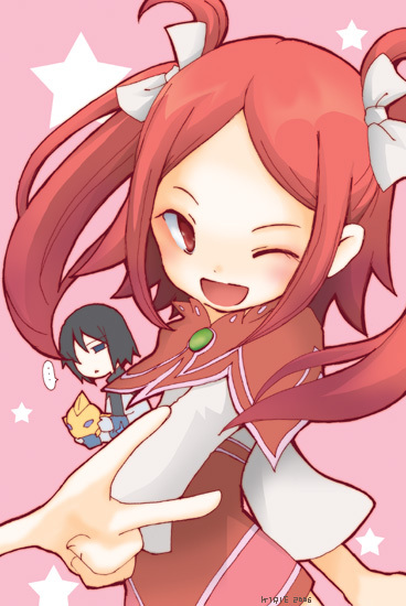 00s 1boy 1girl 2006 bad_id bad_pixiv_id black_hair blue_eyes kirie lukius_bridges md5_mismatch one_eye_closed pink_background pink_eyes pink_hair red_eyes red_hair rommy rommy_(tales) star_(symbol) tales_of_(series) tales_of_the_tempest twintails two_side_up v wink
