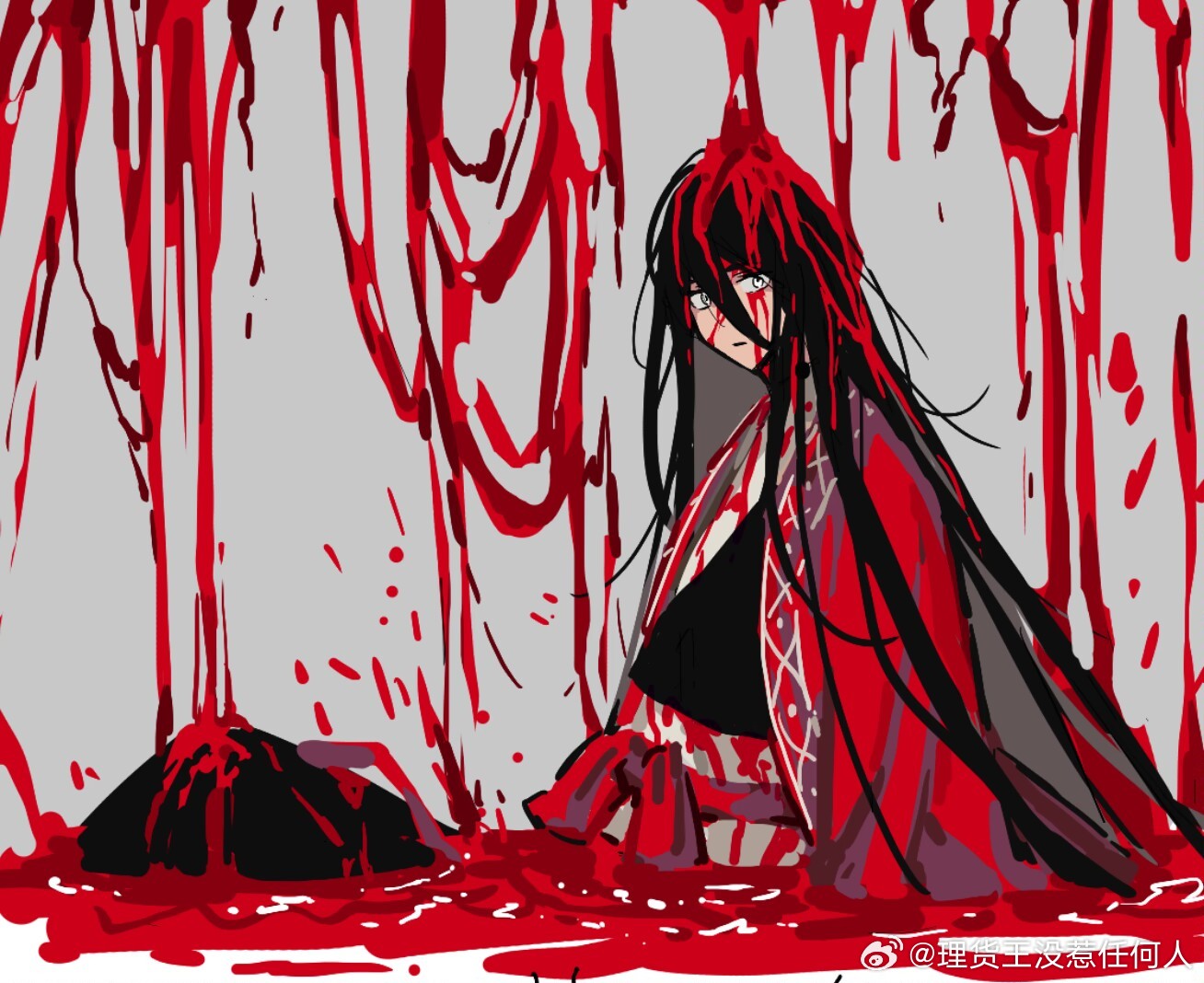 1boy black_hair black_hanfu blood blood_in_hair blood_on_body blood_on_clothes blood_on_face chinese_clothes chinese_commentary closed_mouth coat dao_gui_yi_xian dripping from_side grey_background hair_between_eyes hanfu ji_zai knees_up li_huo_wang_mei_re_ren_he_ren li_huowang limited_palette long_hair long_sleeves looking_at_viewer official_alternate_hair_length official_alternate_hairstyle open_clothes open_coat partially_submerged pool_of_blood red_coat red_sash red_theme red_water robe sash simple_background sitting solo upper_body very_long_hair watermark weibo_watermark white_eyes