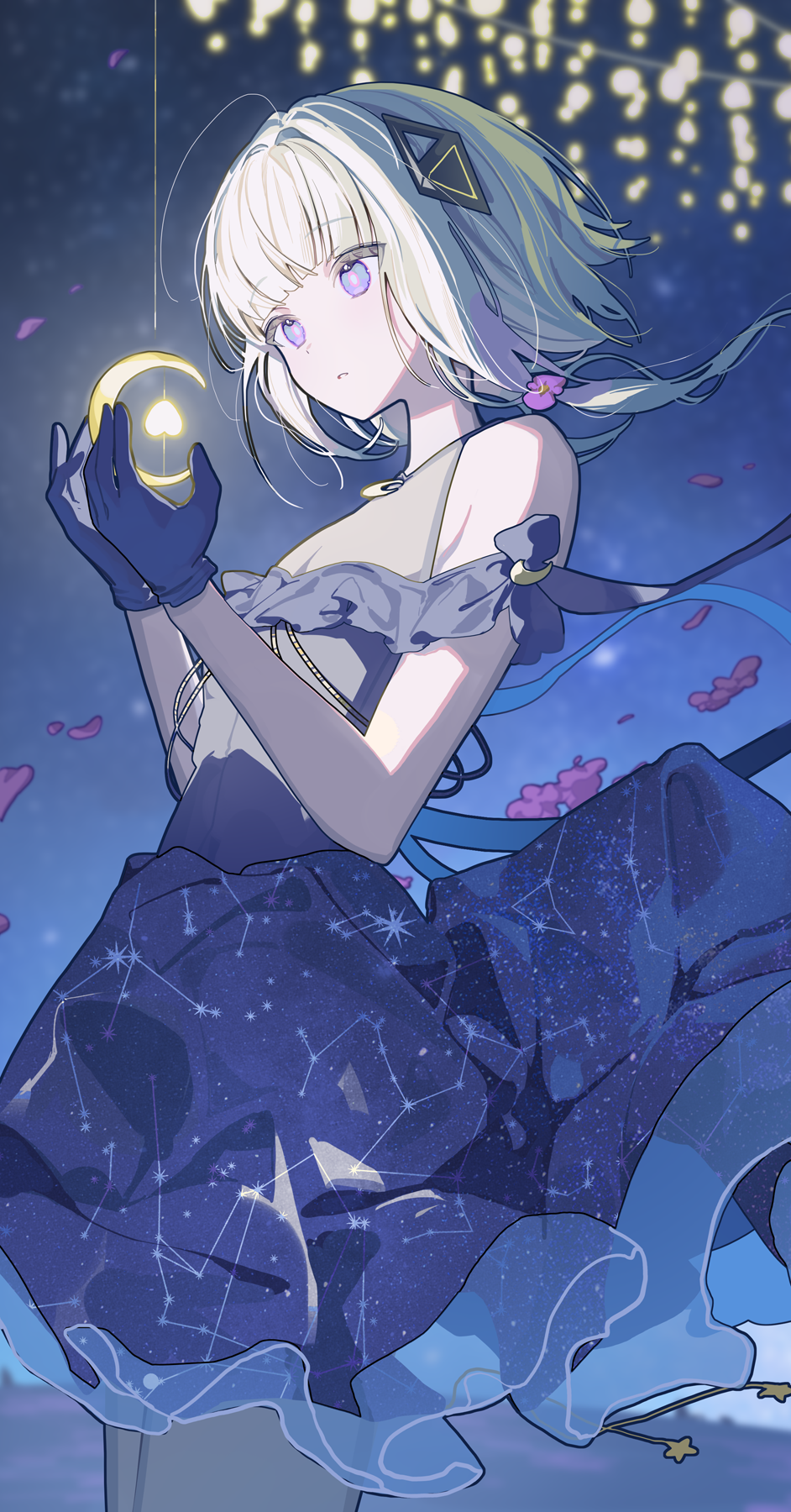1girl alternate_costume aquila_(constellation) bare_shoulders blue_dress blue_gloves bootes_(constellation) bright_pupils cevio commentary_request constellation constellation_print corona_borealis_(constellation) cowboy_shot crescent diamond_hair_ornament draco_(constellation) dress falling_petals floating_clothes floating_hair from_below from_side gloves glowing hair_ornament hands_up hercules_(constellation) highres in_palm kafu_(cevio) kamitsubaki_studio looking_at_object low-tied_sidelocks lyra_(constellation) multicolored_eyes night night_sky ningen_mame off-shoulder_dress off_shoulder ophiuchus_(constellation) petals pink_pupils purple_eyes purple_petals sagitta_(constellation) scutum_(constellation) see-through_clothes serpens_(constellation) short_dress short_hair short_hair_with_long_locks sidelocks sky sleeveless sleeveless_dress solo star_(symbol) star_map starry_sky_print three_quarter_view vulpecula_(constellation) white_hair white_pupils
