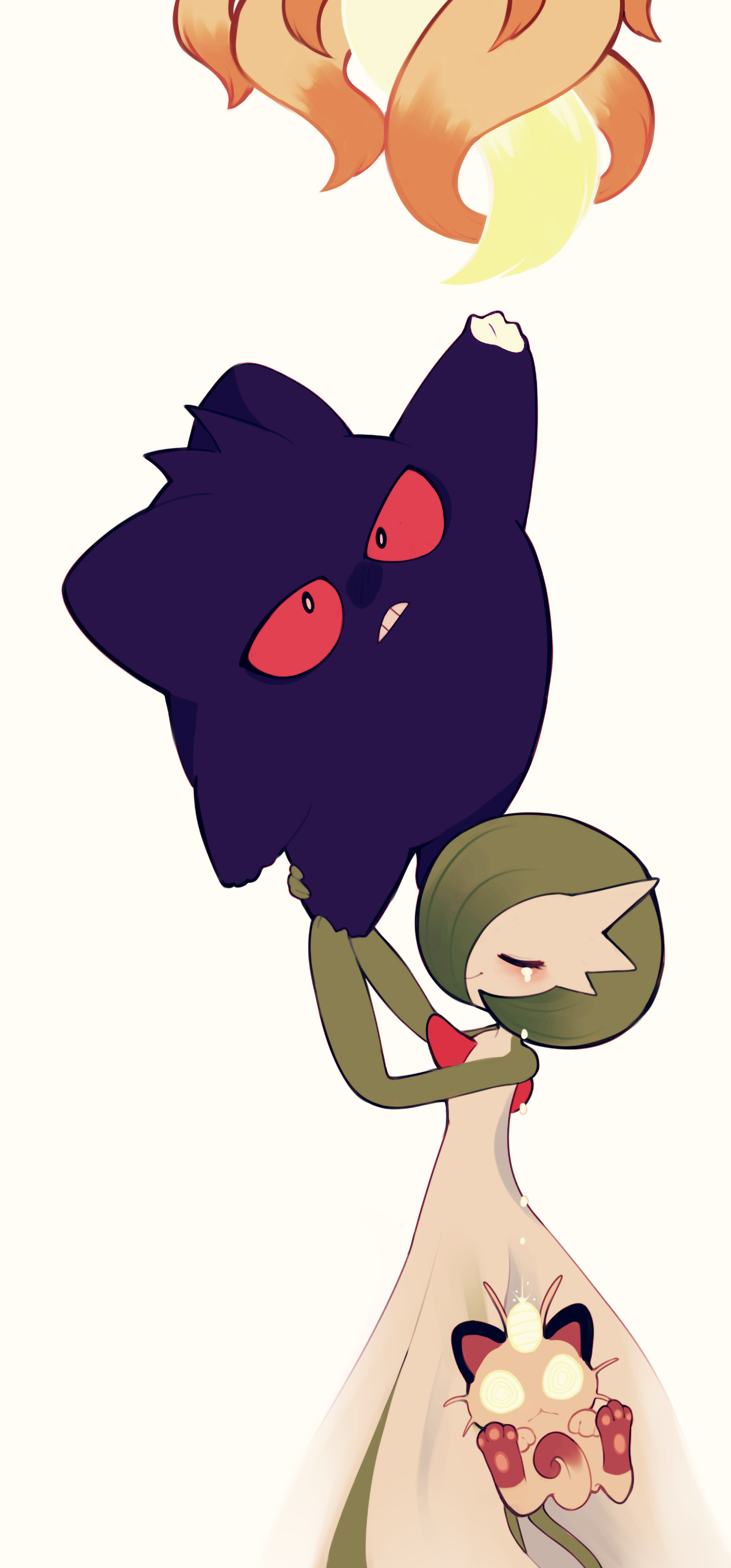 absurdres bob_cut clem_(calmeremerald) closed_eyes colored_skin from_side gardevoir gen_1_pokemon gen_3_pokemon gengar ghost glowing glowing_eyes green_hair green_skin highres meowth multicolored_skin ninetales nintendo pokemon pokemon_mystery_dungeon simple_background smile tears two-tone_skin white_skin