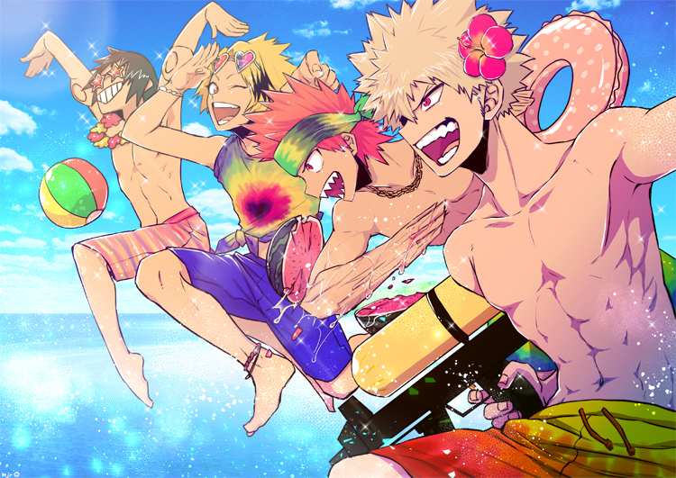4boys ;d abs alternate_costume alternate_eye_color anklet arms_up bakugou_katsuki ball bandana beachball black_hair blonde_hair blue_male_swimwear blue_sky blue_swim_trunks boku_no_hero_academia breaking chain chain_necklace cloud collarbone day diffraction_spikes drawstring eyewear_on_head flower flower_necklace food from_side fruit gradient_clothes grin hair_flower hair_ornament hands_up happy head_down heart heart-shaped_eyewear hibiscus hibiscus_hair_ornament holding holding_water_gun innertube jewelry jumping kaminari_denki kirishima_eijirou knee_up leaning_forward looking_ahead looking_at_viewer male_focus male_swimwear manjiro_(orejon) midair multicolored_hair multicolored_male_swimwear multicolored_shirt multicolored_swim_trunks multiple_boys necklace no_nipples ocean one_eye_closed open_mouth orange_eyes outdoors outstretched_arms pink_male_swimwear pink_swim_trunks plantar_flexion pointing pointing_at_viewer polka_dot_innertube print_shirt profile red_eyes red_hair red_male_swimwear red_swim_trunks salute sero_hanta sharp_teeth shirt short_eyebrows short_hair sideways_mouth sky sleeves_rolled_up smile sparkle spiked_hair star-shaped_eyewear star_(symbol) summer sunglasses swim_ring swim_trunks swimsuit t-shirt teeth tie-dye tied_shirt toned toned_male topless_male v-shaped_eyebrows water water_gun watermelon wet white-framed_eyewear wrist_flexed yellow_male_swimwear yellow_swim_trunks