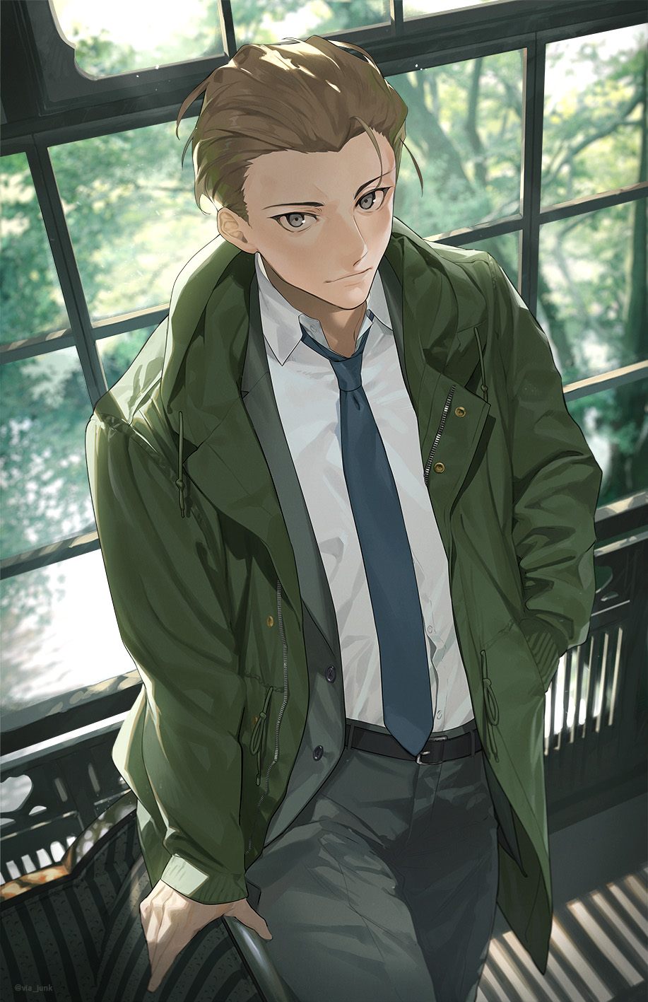 1boy belt belt_buckle black_belt blue_necktie brown_hair buckle chair closed_mouth coat cowboy_shot drawstring fate/grand_order fate_(series) green_coat grey_eyes grey_jacket grey_pants hair_slicked_back hand_in_pocket highres indoors jacket light_particles long_sleeves looking_at_viewer mahou_tsukai_no_yoru male_focus necktie pants railing shirt short_hair sleeves_past_wrists solo standing sunlight tsukiji_tobimaru white_shirt window yuni_(via_junk)