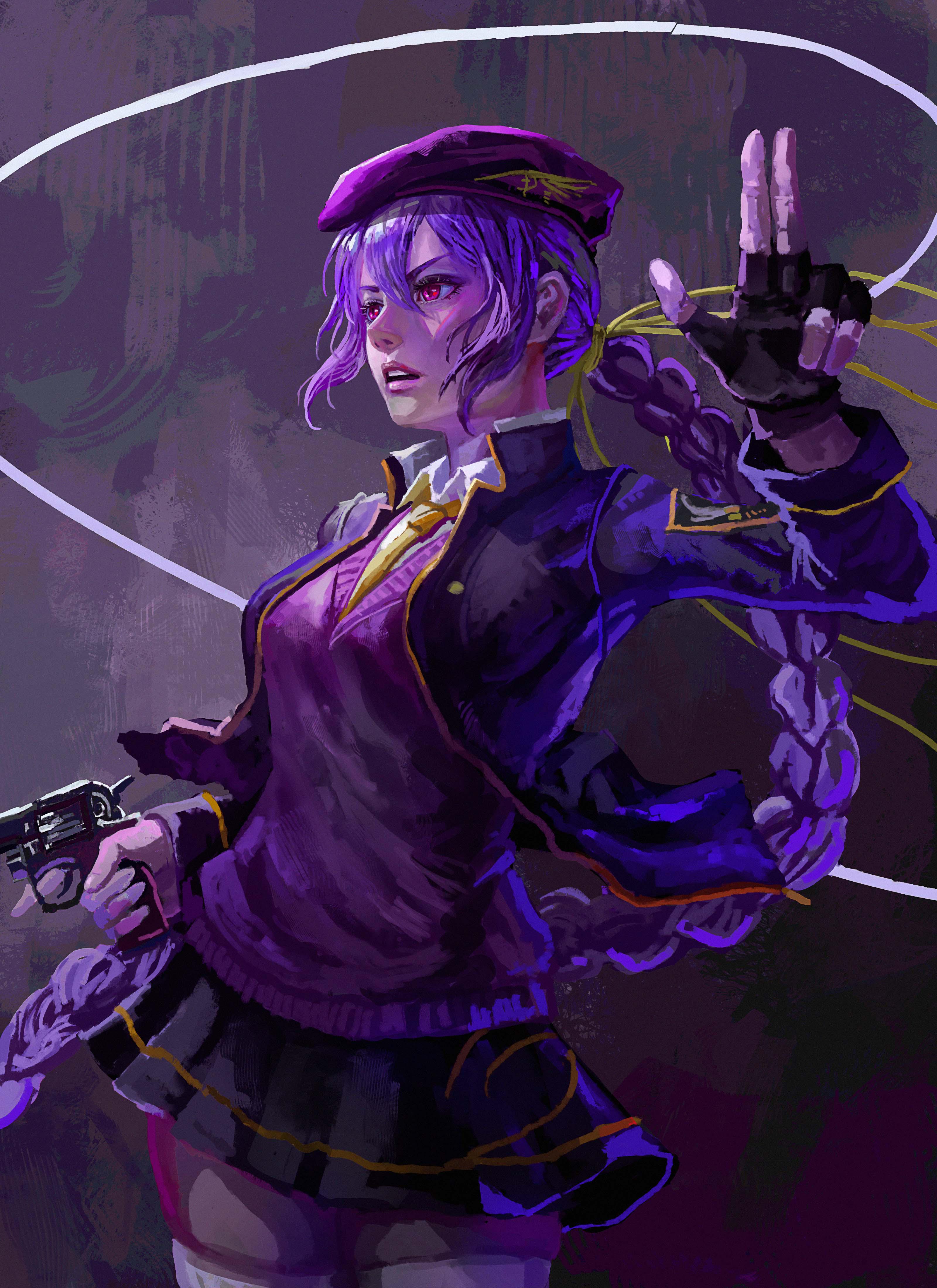 1girl absurdres beret braid breasts gun handgun hat highres holding holding_gun holding_weapon long_hair melty_blood miniskirt purple_eyes purple_hair red_eyes revolver single_braid sion_eltnam_(type-moon) sion_eltnam_atlasia skirt solo thighhighs tsukihime very_long_hair weapon yanmanxplore zettai_ryouiki