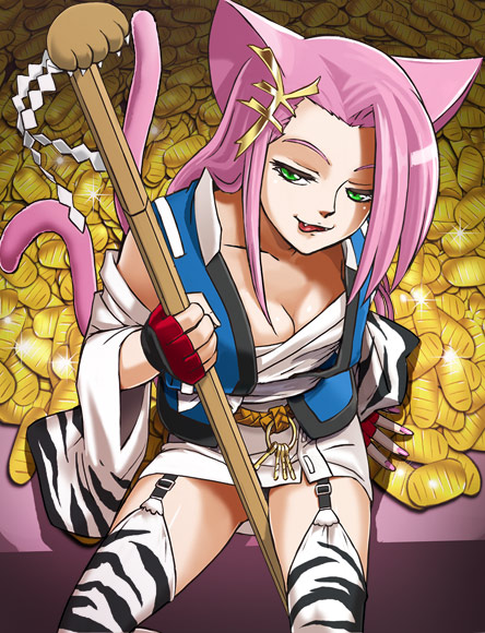1girl :p animal_ears animal_hands animal_print arm_support banpresto belt between_legs black_panties black_thighhighs breasts buckle cat_ears cat_tail claws cleavage coin collarbone detached_sleeves fang fangs female_focus fingerless_gloves fingernails from_above garter_belt garter_straps glint gloves gohei gold green_eyes hair_ornament hairpin half-closed_eyes haruyama_kazunori head_tilt holding holding_staff japanese_clothes key koban_(gold) koma_(srw) large_breasts long_fingernails long_hair looking_at_viewer maneki-neko money multiple_tails nail_polish naughty_face nekomata open_clothes panties pantyshot pink_hair pink_nails print_thighhighs red_gloves sarashi shade shadow shide sidelocks sitting solo spread_legs staff super_robot_wars super_robot_wars_og_saga_mugen_no_frontier tail thighhighs tiger_print tongue tongue_out underwear white_thighhighs wide_sleeves yen zettai_ryouiki