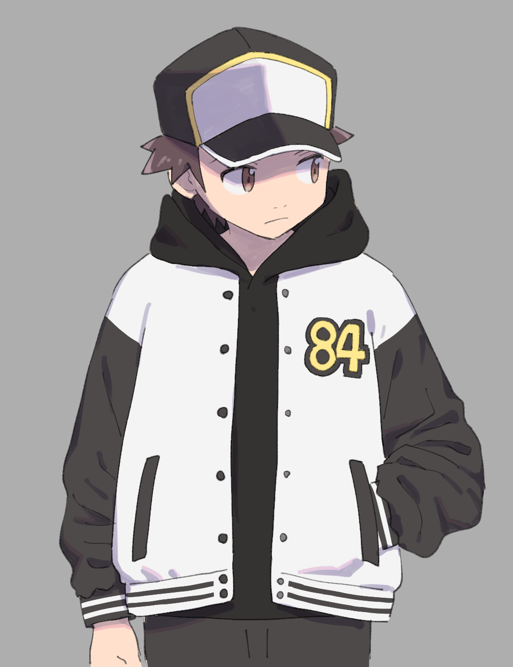 1boy black_hat black_hoodie black_pants brown_eyes brown_hair commentary_request frown grey_background hand_in_pocket hat highres hood hoodie jacket jacket_over_hoodie letterman_jacket looking_to_the_side male_focus nintendo pants pokemon pokemon_masters_ex pumpkinpan red_(pokemon) red_(sygna_suit)_(thunderbolt)_(pokemon) solo upper_body white_jacket