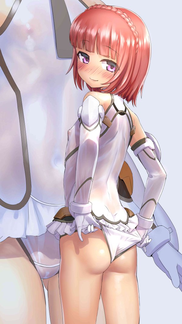 1girl adjusting_clothes adjusting_leotard aikawa_aika alice_gear_aegis ass blush braid crotch_seam crown_braid elbow_gloves flat_chest from_behind gloves leotard looking_at_viewer looking_back multiple_views navel nipples pink_eyes red_hair sasayuki see-through_clothes short_hair smile wedgie white_leotard