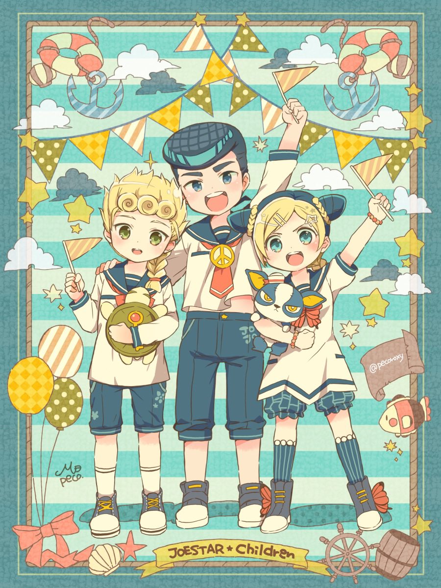 1girl 2boys :d aged_down arm_up balloon black_hair blonde_hair blue_eyes blue_shorts braid character_doll coco_jumbo commentary_request diamond_wa_kudakenai double_bun giorno_giovanna green_eyes hair_bun higashikata_josuke highres iggy_(jojo) jojo_no_kimyou_na_bouken kuujou_jolyne long_hair long_sleeves looking_at_viewer morino_peko multicolored_hair multiple_boys open_mouth peace_symbol pompadour sailor_collar shoes shorts smile sneakers stone_ocean stuffed_animal stuffed_dog stuffed_toy turtle twitter_username two-tone_hair vento_aureo