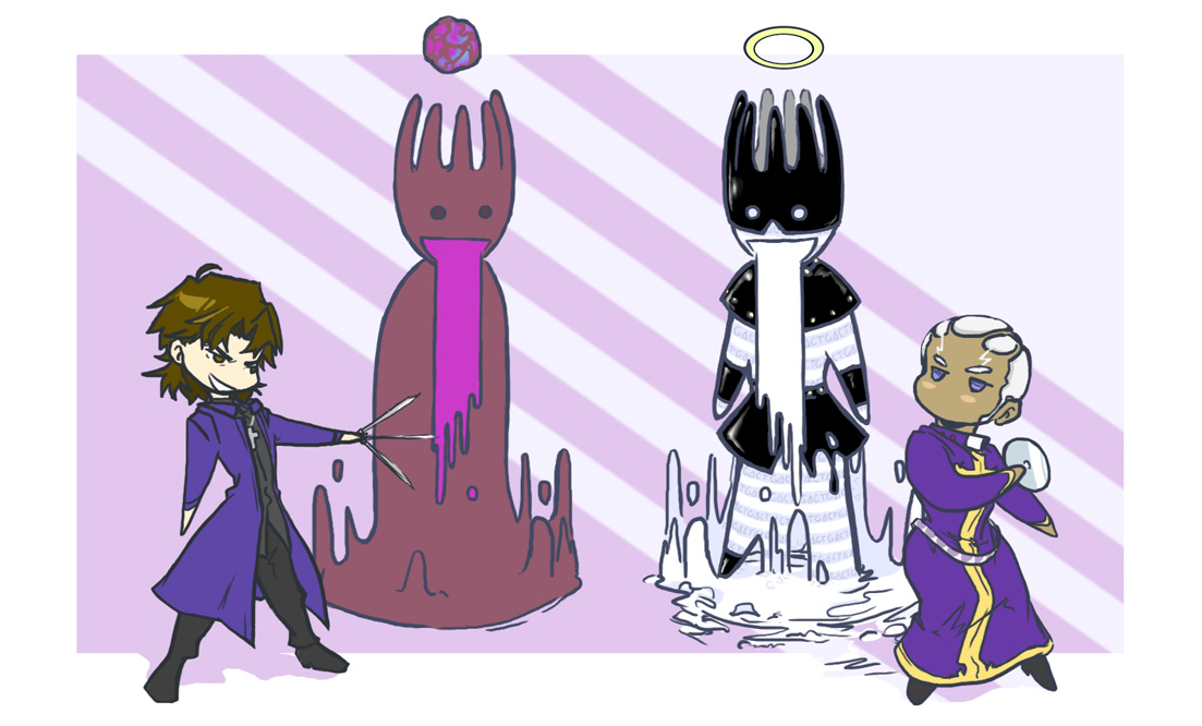 4boys adhemas black_keys_(type-moon) carnival_phantasm cd chibi cross cross_necklace crossover dark_skin dark-skinned_male drooling enrico_pucci fate/stay_night fate_(series) grail-kun halo jewelry jojo_no_kimyou_na_bouken kotomine_kirei male_focus multiple_boys necklace stand_(jojo) stone_ocean striped vomiting white_hair whitesnake_(stand)