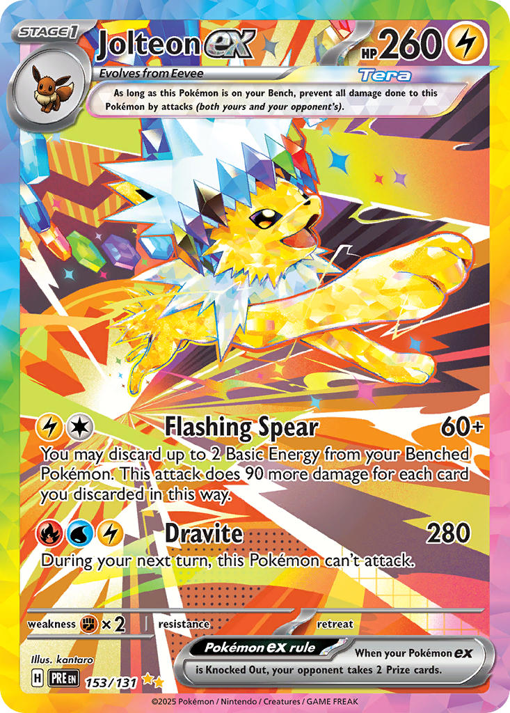 akikan_(kantaro) animal_focus artist_name card_(medium) character_name company_name copyright_name copyright_notice eevee electricity english_text gen_1_pokemon jolteon nintendo no_humans official_art open_mouth pokemon pokemon_(creature) pokemon_card pokemon_focus pokemon_tcg running smile solo sparkle terastallization third-party_source trading_card