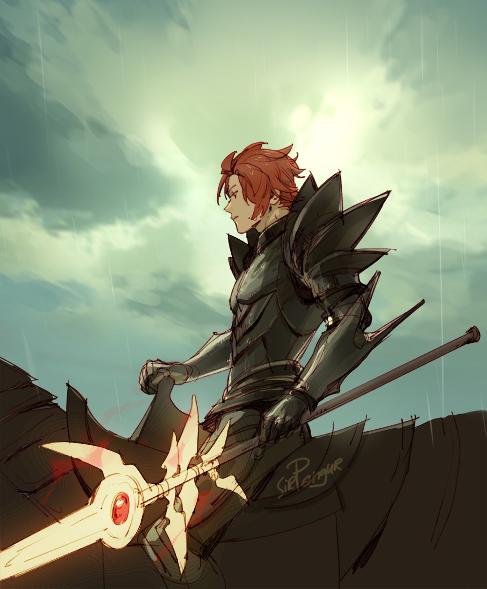 1boy armor black_armor breastplate cloud cloudy_sky faulds fire_emblem fire_emblem:_three_houses from_side gauntlets highres holding holding_polearm holding_weapon horseback_riding lance_of_ruin looking_ahead male_focus nina_vakueva nintendo ornate_weapon parted_lips pauldrons polearm rain red_hair riding short_hair shoulder_armor sky solo storm sylvain_jose_gautier sylvain_jose_gautier_(timeskip) weapon wet wet_hair