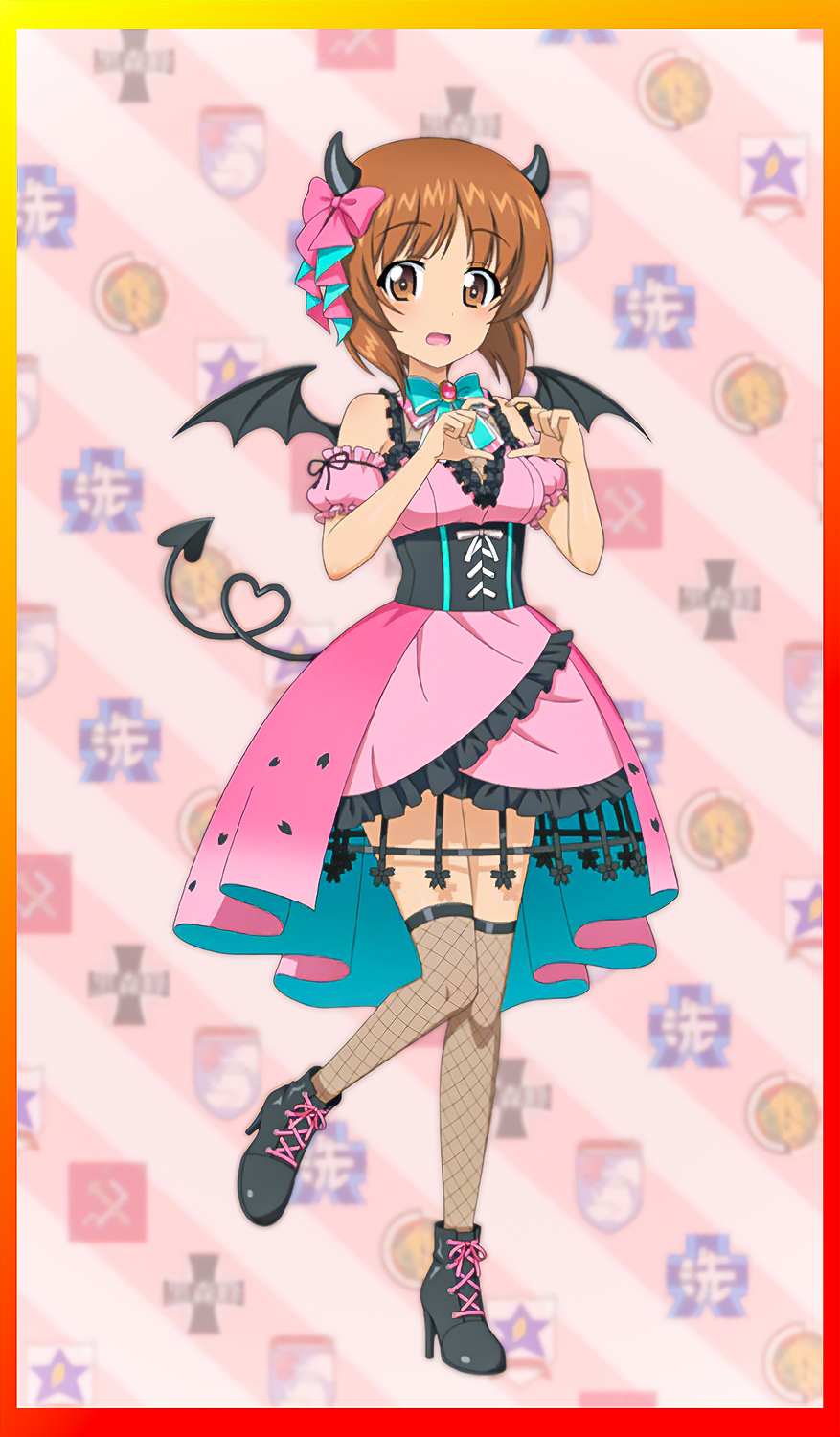 bat_wings black_frills border brown_eyes brown_hair corset demon_horns demon_tail dress fishnet_thighhighs fishnets girls_und_panzer girls_und_panzer_senshadou_daisakusen! heart heart_hands highres horns logo nishizumi_miho official_alternate_costume official_art pink_dress pink_ribbon ribbon standing standing_on_one_leg surprised tail thighhighs wide-eyed wings