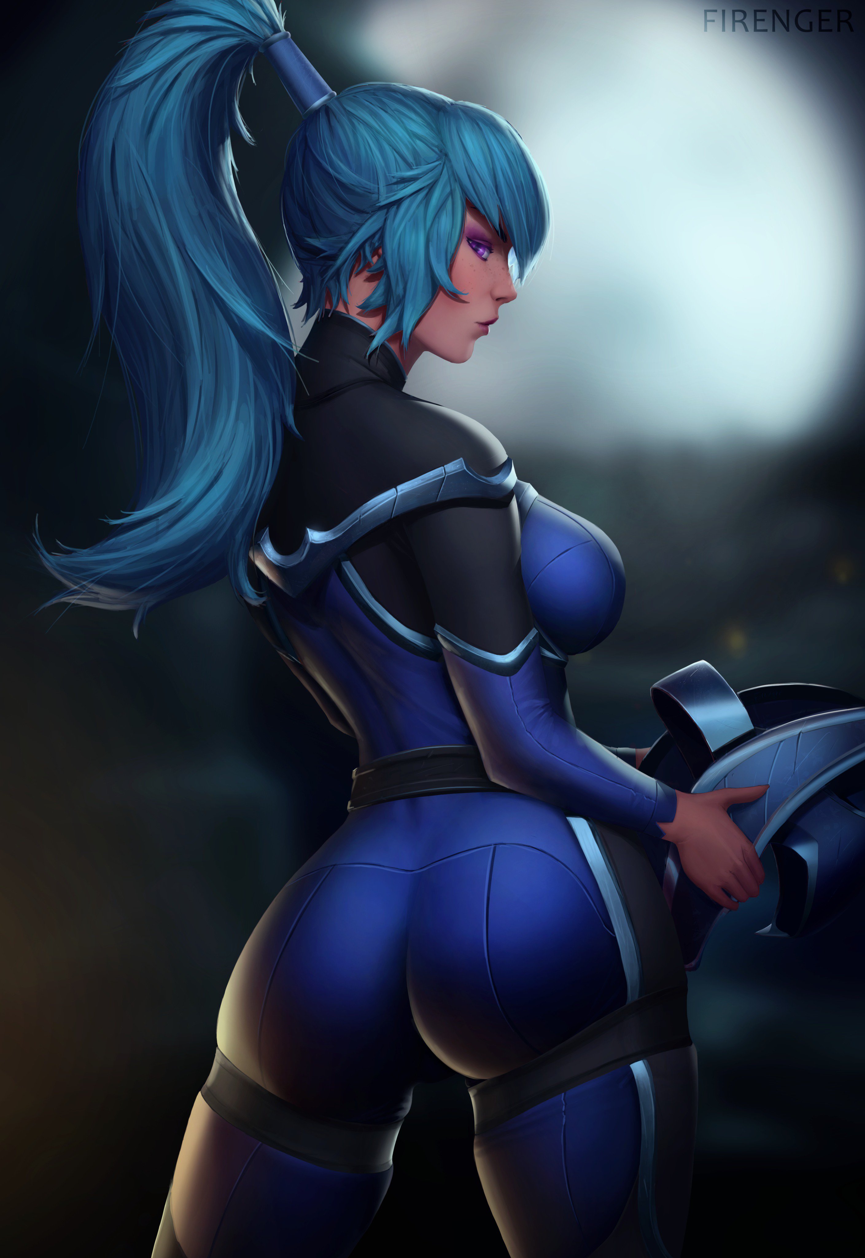 1girl absurdres armor artist_name ass back blue_bodysuit blue_hair blurry blurry_background bodysuit breasts commentary dota_(series) dota_2 english_commentary firenger full_moon helmet highres holding holding_helmet large_breasts lips long_hair looking_at_viewer looking_back luna_(dota) moon night night_sky pauldrons ponytail purple_eyes shoulder_armor sideboob sky solo